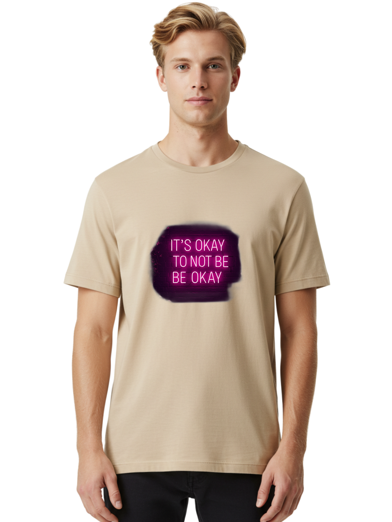 It-S-Okay-To-Not-Be-Okay-3 Men'S Graphic Tee, 100% Cotton, Comfortable Casual Summer Wear, Machine Washable, Mental Health Awareness, Self Care, Emotional Support, Neon Sign, Pink Text, Inspirational Quote, Motivational Message Bae052