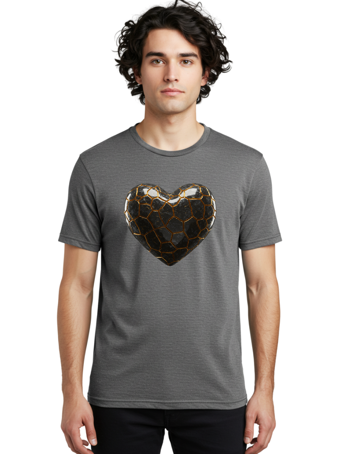 Kintsugi-Heart-1 Men'S Graphic Tee, 100% Cotton, Comfortable Casual Summer Wear, Machine Washable, Kintsugi Art, Heart Shape, Black Pottery, Gold Cracks, Broken Heart, Japanese Craftsmanship, Wabi-Sabi Aesthetic, Ceramics, Repair, Restoration, Bae056