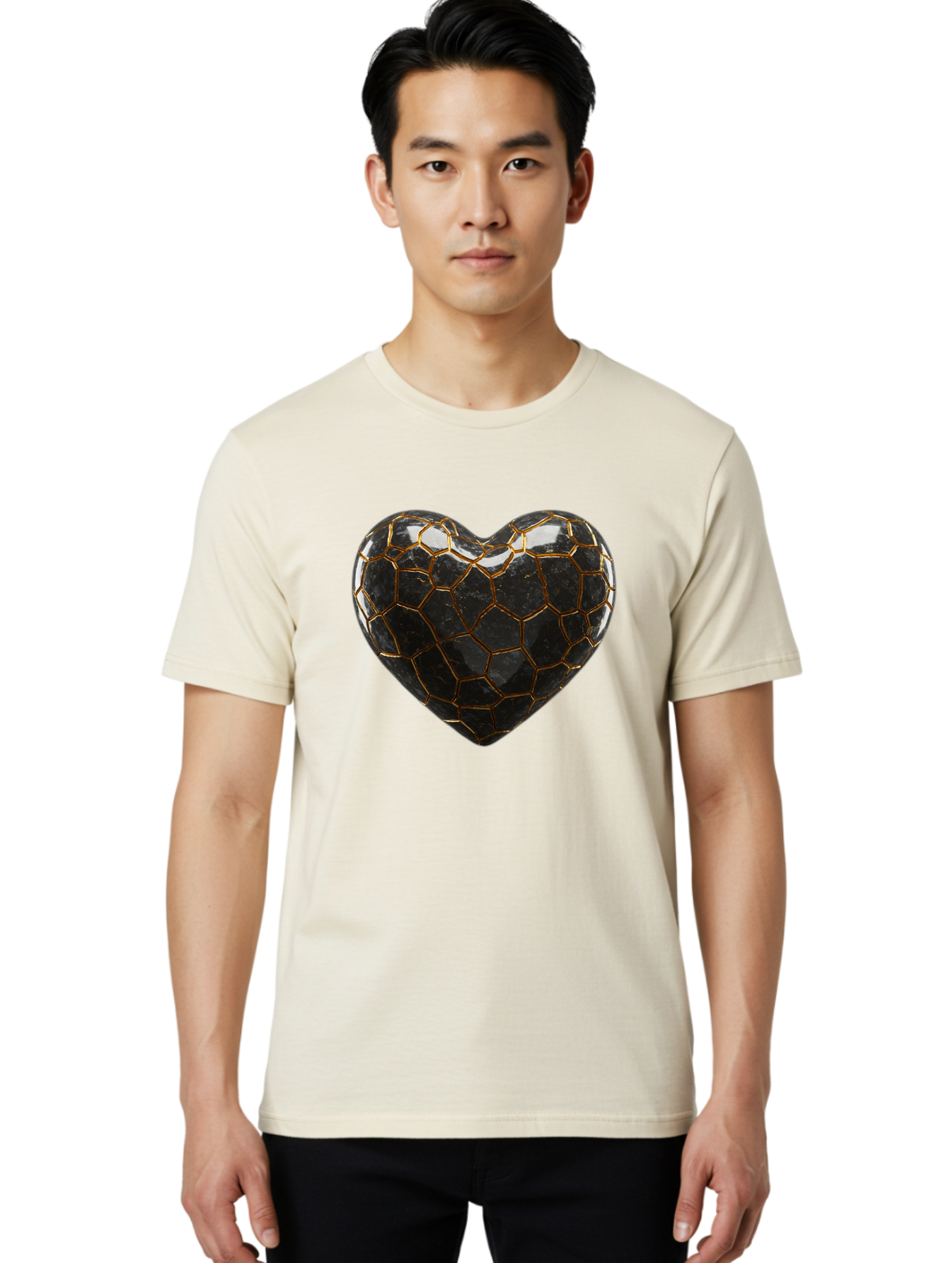 Kintsugi-Heart-1 Men'S Graphic Tee, 100% Cotton, Comfortable Casual Summer Wear, Machine Washable, Kintsugi Art, Heart Shape, Black Pottery, Gold Cracks, Broken Heart, Japanese Craftsmanship, Wabi-Sabi Aesthetic, Ceramics, Repair, Restoration, Bae056
