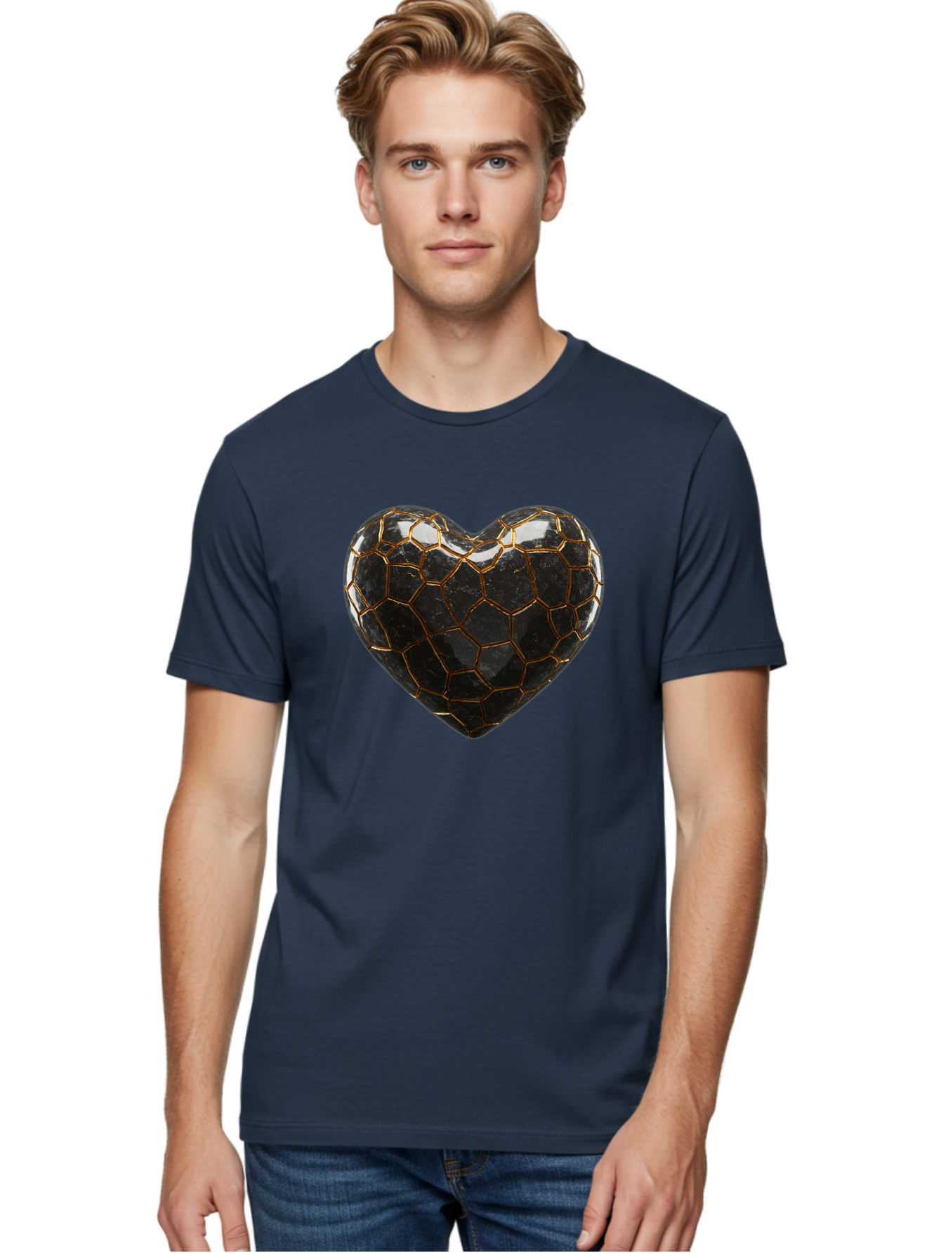 Kintsugi-Heart-1 Men'S Graphic Tee, 100% Cotton, Comfortable Casual Summer Wear, Machine Washable, Kintsugi Art, Heart Shape, Black Pottery, Gold Cracks, Broken Heart, Japanese Craftsmanship, Wabi-Sabi Aesthetic, Ceramics, Repair, Restoration, Bae056