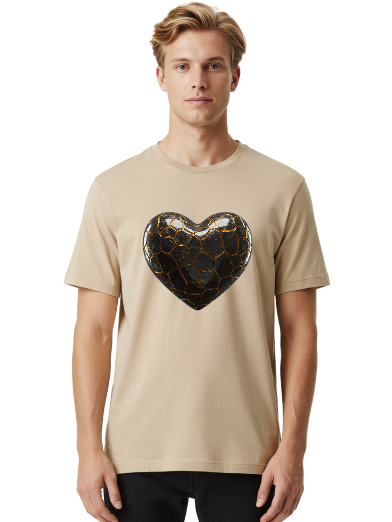 Kintsugi-Heart-1 Men'S Graphic Tee, 100% Cotton, Comfortable Casual Summer Wear, Machine Washable, Kintsugi Art, Heart Shape, Black Pottery, Gold Cracks, Broken Heart, Japanese Craftsmanship, Wabi-Sabi Aesthetic, Ceramics, Repair, Restoration, Bae056
