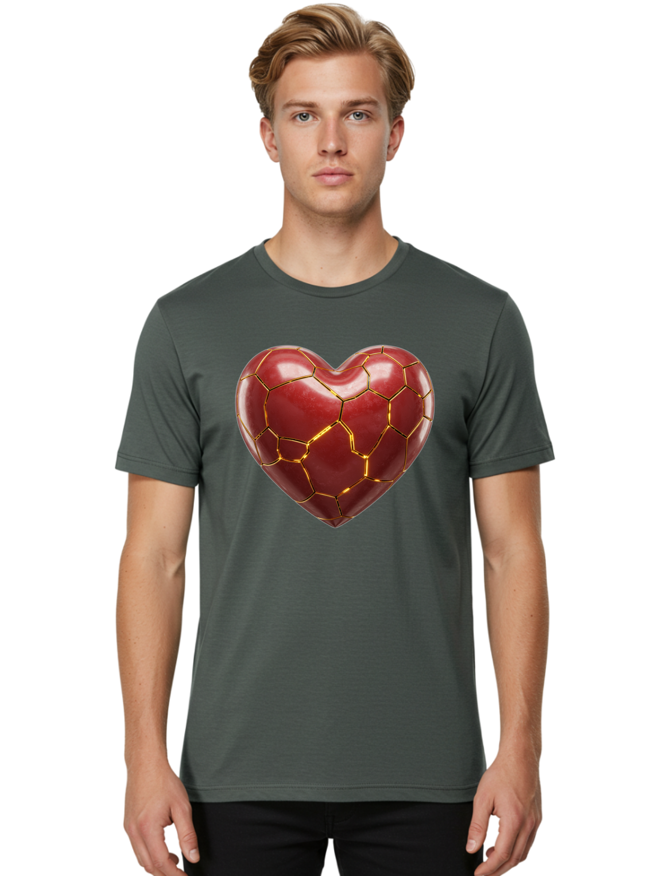 Kintsugi-Heart-2 Men'S Graphic Tee, 100% Cotton, Comfortable Casual Summer Wear, Machine Washable, Kintsugi Heart, Broken Heart, Golden Repair, Red Heart, Japanese Art, Emotional Healing, Symbolic Art, Unique Design, Heart Shape Bae057
