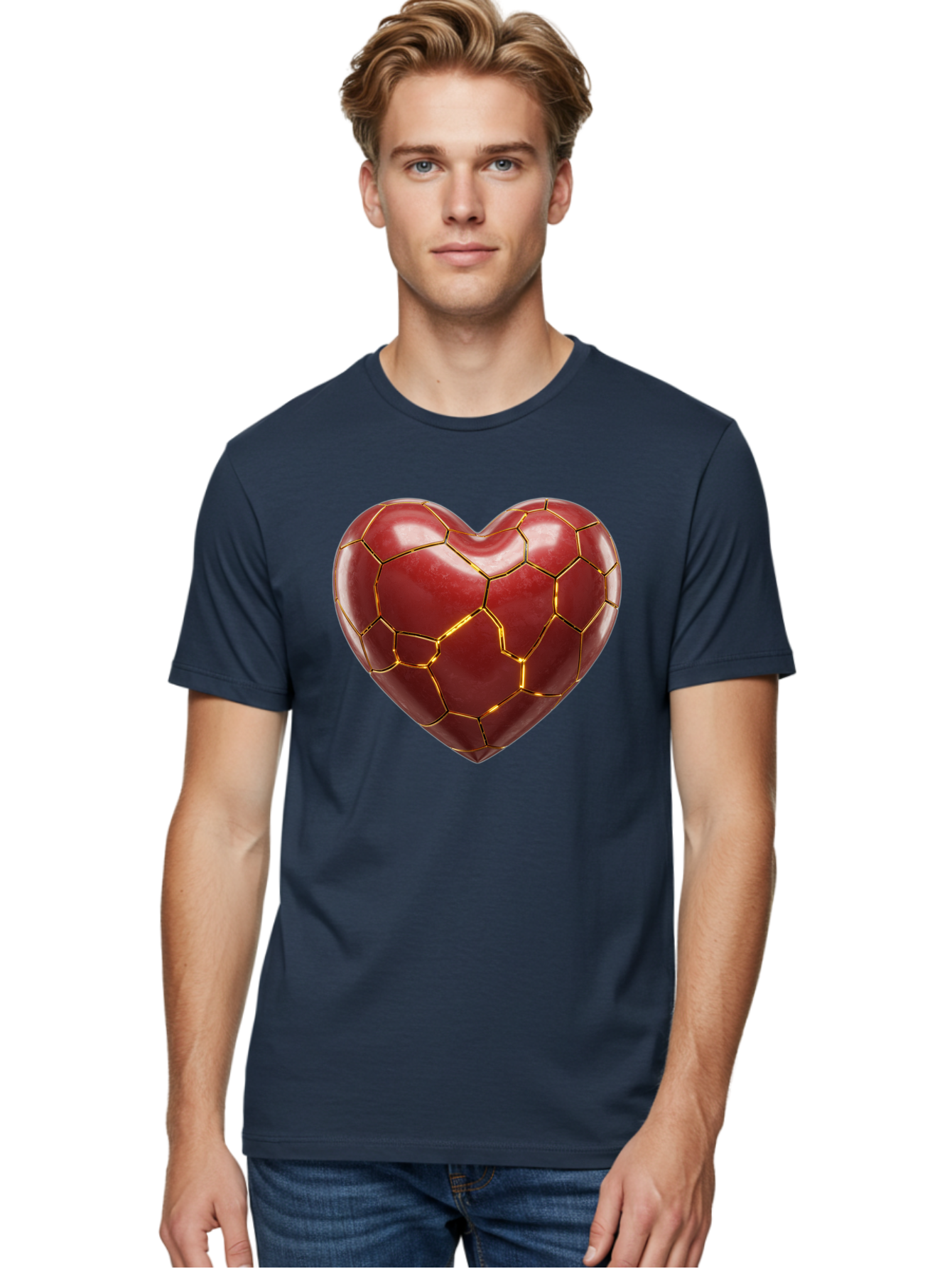 Kintsugi-Heart-2 Men'S Graphic Tee, 100% Cotton, Comfortable Casual Summer Wear, Machine Washable, Kintsugi Heart, Broken Heart, Golden Repair, Red Heart, Japanese Art, Emotional Healing, Symbolic Art, Unique Design, Heart Shape Bae057