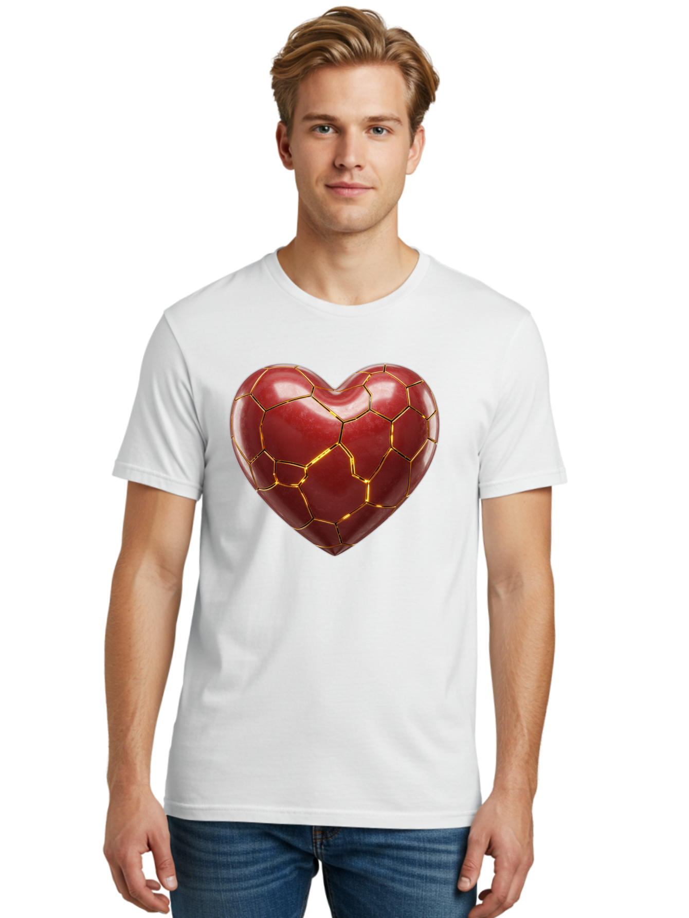 Kintsugi-Heart-2 Men'S Graphic Tee, 100% Cotton, Comfortable Casual Summer Wear, Machine Washable, Kintsugi Heart, Broken Heart, Golden Repair, Red Heart, Japanese Art, Emotional Healing, Symbolic Art, Unique Design, Heart Shape Bae057