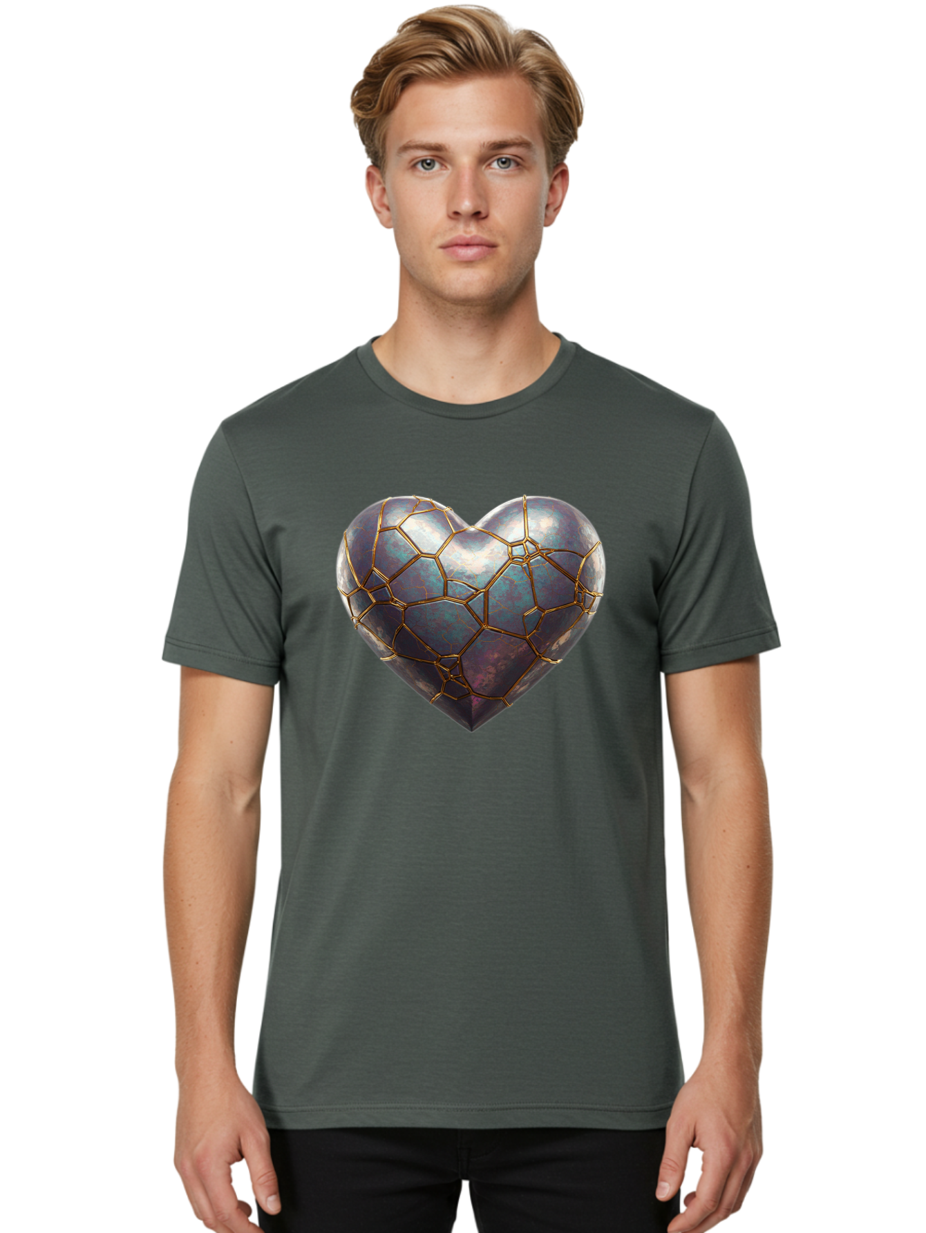 Kintsugi-Heart-3 Men'S Graphic Tee, 100% Cotton, Comfortable Casual Summer Wear, Machine Washable, Kintsugi Art, Broken Heart, Repaired Love, Metallic Heart, Golden Cracks, Fragile Beauty, Symbolic Art, Emotional Healing, Unique Design, Bae058