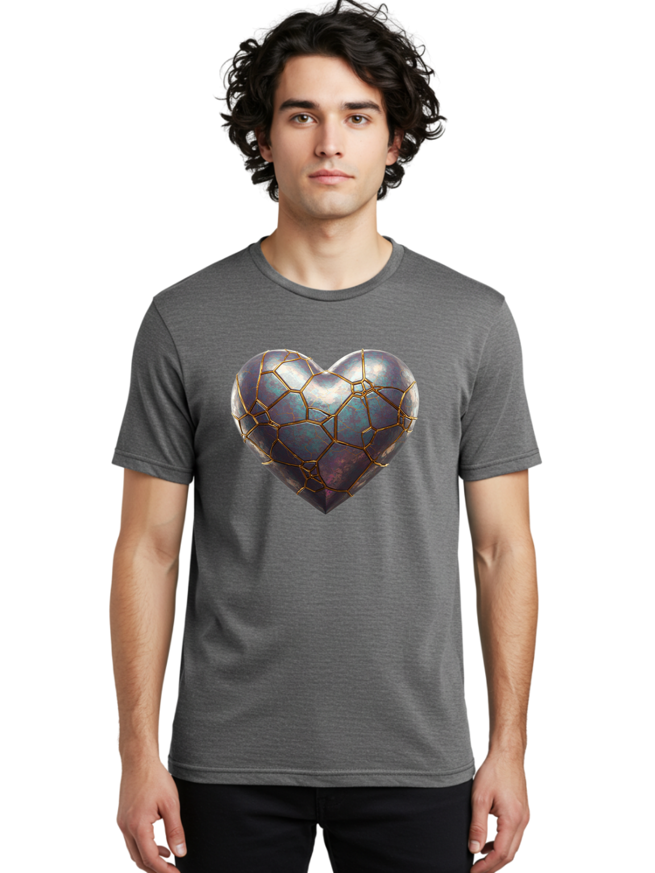 Kintsugi-Heart-3 Men'S Graphic Tee, 100% Cotton, Comfortable Casual Summer Wear, Machine Washable, Kintsugi Art, Broken Heart, Repaired Love, Metallic Heart, Golden Cracks, Fragile Beauty, Symbolic Art, Emotional Healing, Unique Design, Bae058