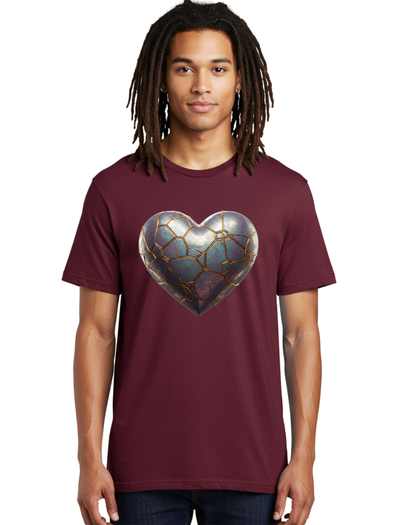 Kintsugi-Heart-3 Men'S Graphic Tee, 100% Cotton, Comfortable Casual Summer Wear, Machine Washable, Kintsugi Art, Broken Heart, Repaired Love, Metallic Heart, Golden Cracks, Fragile Beauty, Symbolic Art, Emotional Healing, Unique Design, Bae058