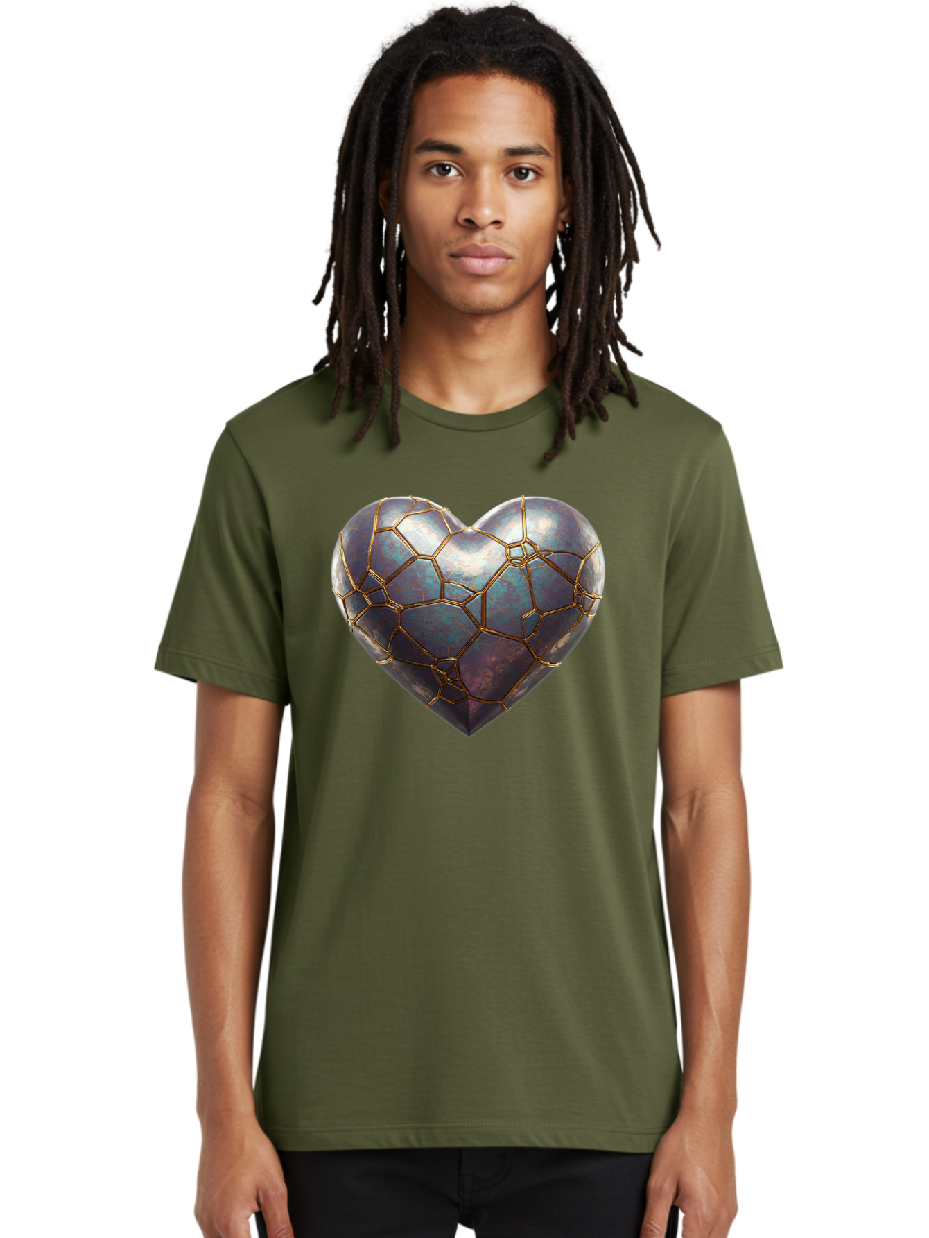Kintsugi-Heart-3 Men'S Graphic Tee, 100% Cotton, Comfortable Casual Summer Wear, Machine Washable, Kintsugi Art, Broken Heart, Repaired Love, Metallic Heart, Golden Cracks, Fragile Beauty, Symbolic Art, Emotional Healing, Unique Design, Bae058
