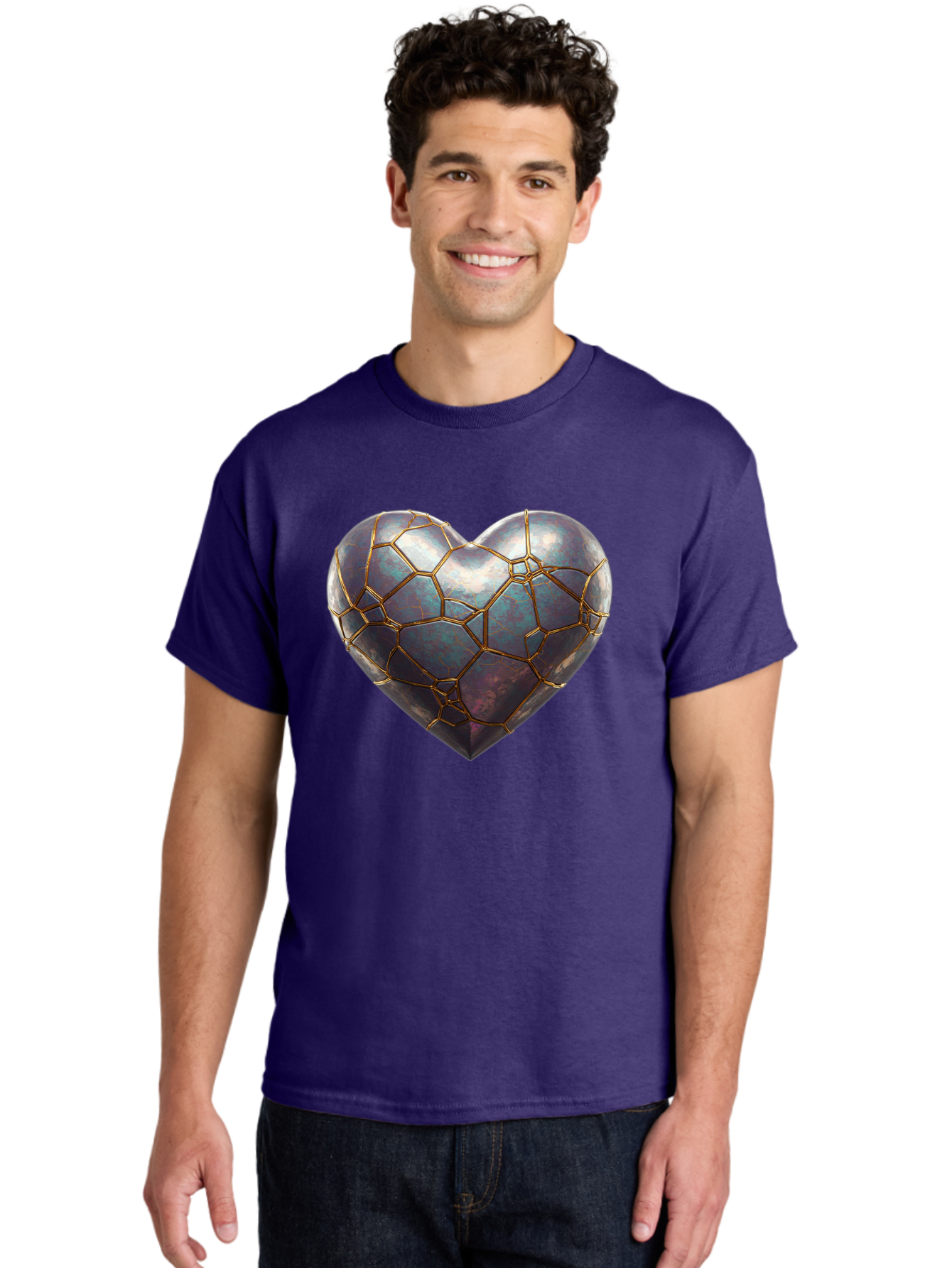 Kintsugi-Heart-3 Men'S Graphic Tee, 100% Cotton, Comfortable Casual Summer Wear, Machine Washable, Kintsugi Art, Broken Heart, Repaired Love, Metallic Heart, Golden Cracks, Fragile Beauty, Symbolic Art, Emotional Healing, Unique Design, Bae058