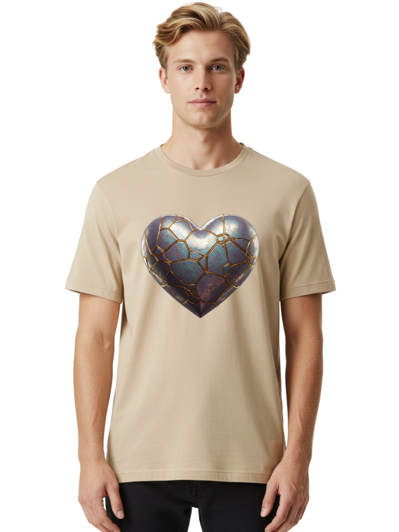 Kintsugi-Heart-3 Men'S Graphic Tee, 100% Cotton, Comfortable Casual Summer Wear, Machine Washable, Kintsugi Art, Broken Heart, Repaired Love, Metallic Heart, Golden Cracks, Fragile Beauty, Symbolic Art, Emotional Healing, Unique Design, Bae058