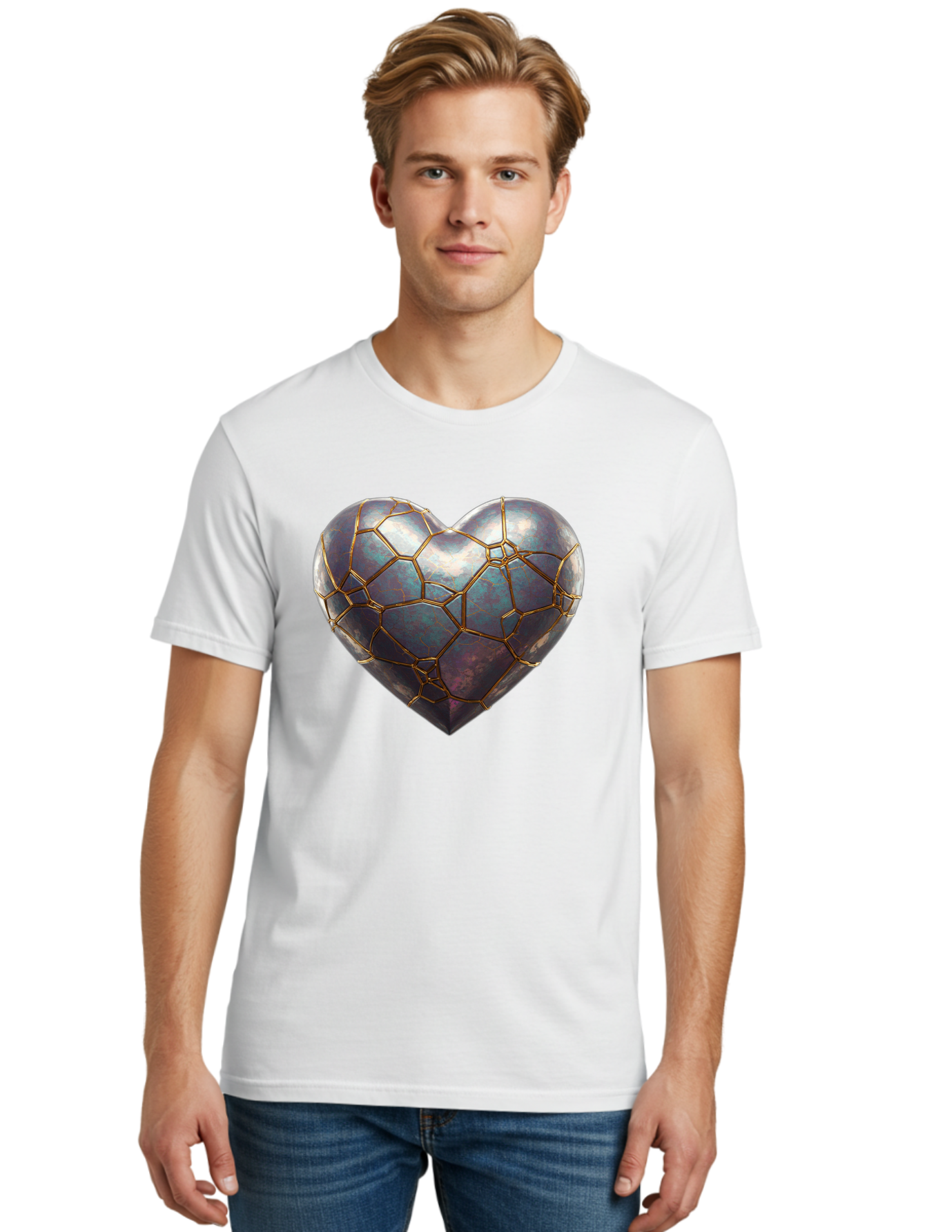 Kintsugi-Heart-3 Men'S Graphic Tee, 100% Cotton, Comfortable Casual Summer Wear, Machine Washable, Kintsugi Art, Broken Heart, Repaired Love, Metallic Heart, Golden Cracks, Fragile Beauty, Symbolic Art, Emotional Healing, Unique Design, Bae058