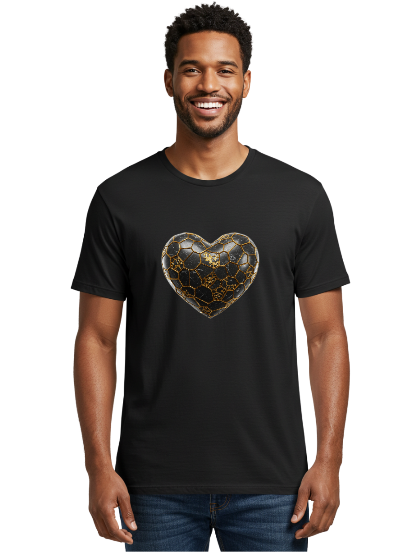 Kintsugi-Heart-4 Men'S Graphic Tee, 100% Cotton, Comfortable Casual Summer Wear, Machine Washable, Kintsugi Heart, Broken Heart, Golden Repair, Black Ceramic, Mended Love, Imperfect Beauty, Artisanal Craftsmanship, Unique Design, Bae059
