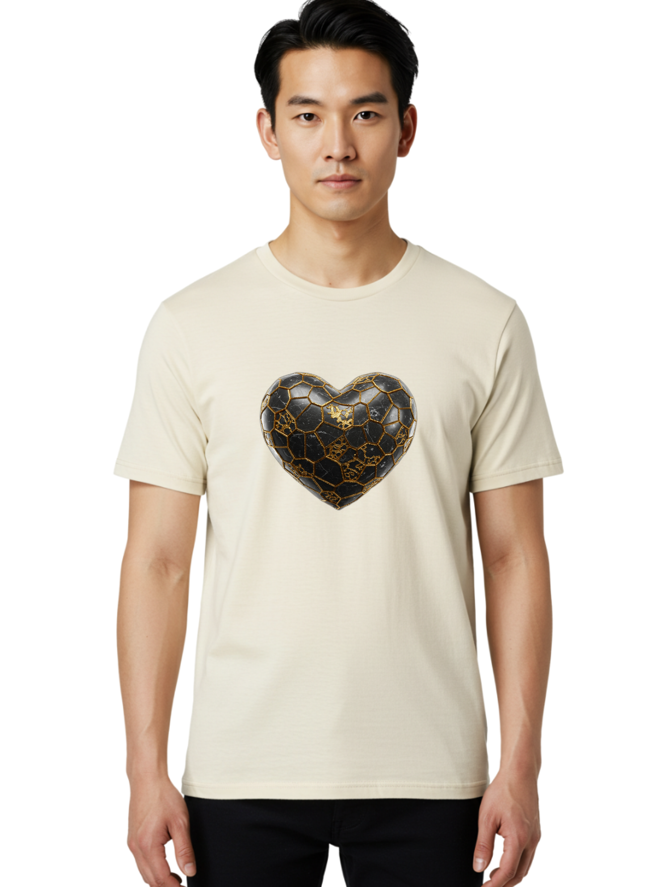 Kintsugi-Heart-4 Men'S Graphic Tee, 100% Cotton, Comfortable Casual Summer Wear, Machine Washable, Kintsugi Heart, Broken Heart, Golden Repair, Black Ceramic, Mended Love, Imperfect Beauty, Artisanal Craftsmanship, Unique Design, Bae059
