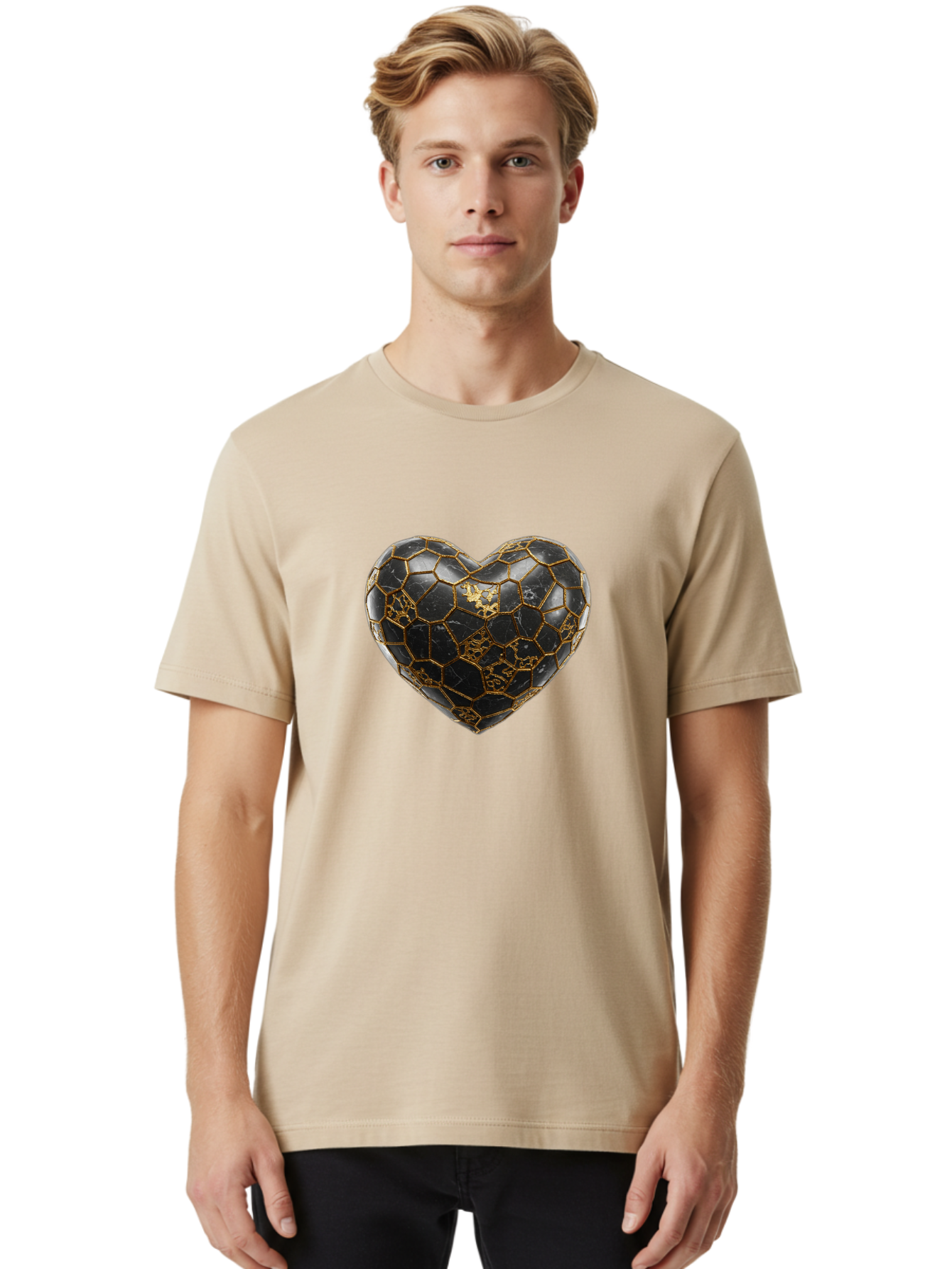 Kintsugi-Heart-4 Men'S Graphic Tee, 100% Cotton, Comfortable Casual Summer Wear, Machine Washable, Kintsugi Heart, Broken Heart, Golden Repair, Black Ceramic, Mended Love, Imperfect Beauty, Artisanal Craftsmanship, Unique Design, Bae059