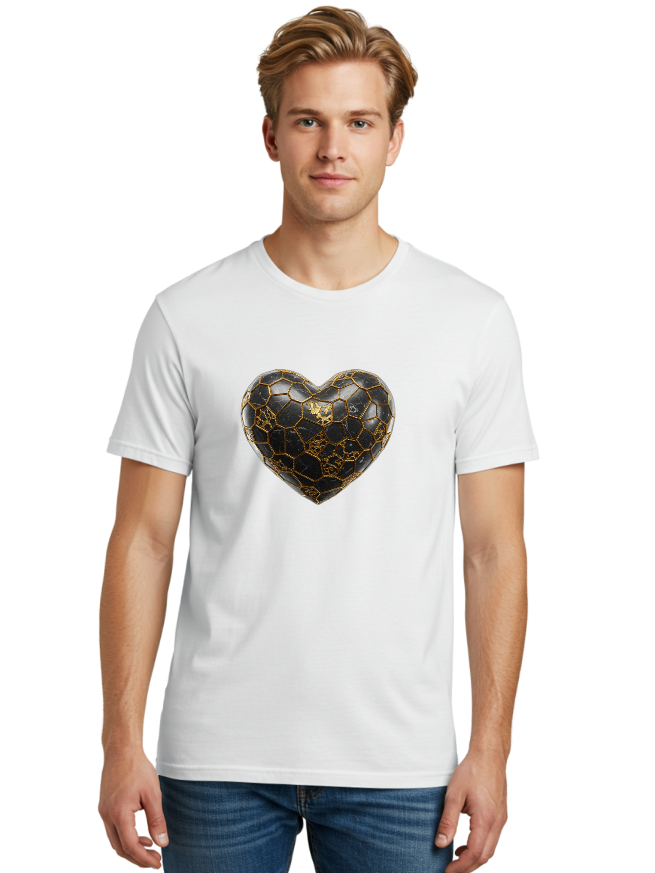 Kintsugi-Heart-4 Men'S Graphic Tee, 100% Cotton, Comfortable Casual Summer Wear, Machine Washable, Kintsugi Heart, Broken Heart, Golden Repair, Black Ceramic, Mended Love, Imperfect Beauty, Artisanal Craftsmanship, Unique Design, Bae059