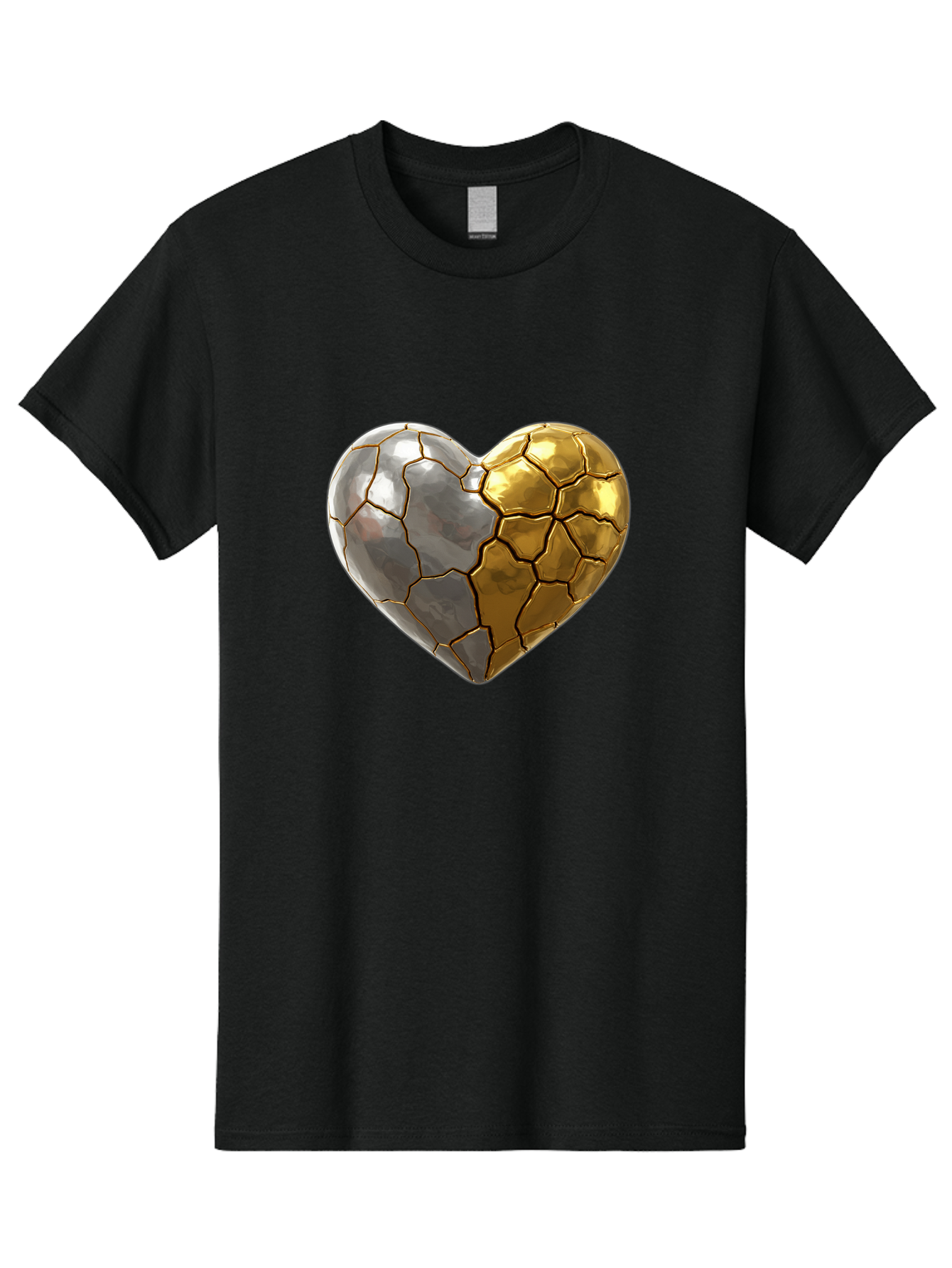 Kintsugi-Heart-5 Men'S Graphic Tee, 100% Cotton, Comfortable Casual Summer Wear, Machine Washable, Heart Shape, Metal Surface, Cracked Texture, Silver And Gold Elements, Kintsugi Effect, Love Symbol, Metallic Design, Broken Heart, Bae060