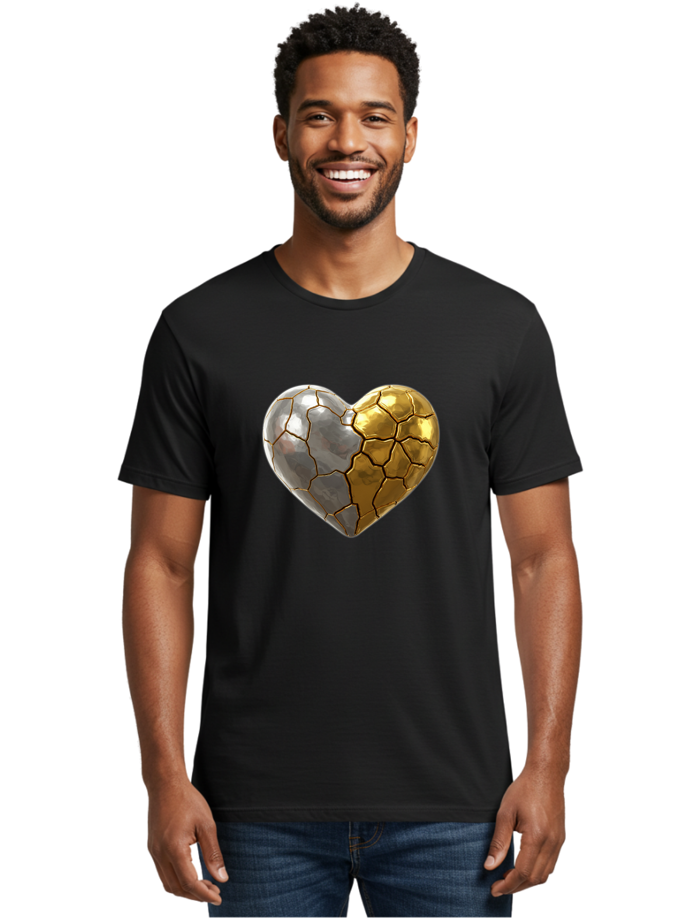 Kintsugi-Heart-5 Men'S Graphic Tee, 100% Cotton, Comfortable Casual Summer Wear, Machine Washable, Heart Shape, Metal Surface, Cracked Texture, Silver And Gold Elements, Kintsugi Effect, Love Symbol, Metallic Design, Broken Heart, Bae060