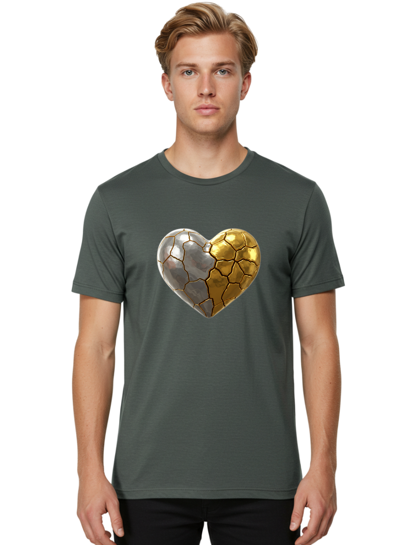 Kintsugi-Heart-5 Men'S Graphic Tee, 100% Cotton, Comfortable Casual Summer Wear, Machine Washable, Heart Shape, Metal Surface, Cracked Texture, Silver And Gold Elements, Kintsugi Effect, Love Symbol, Metallic Design, Broken Heart, Bae060