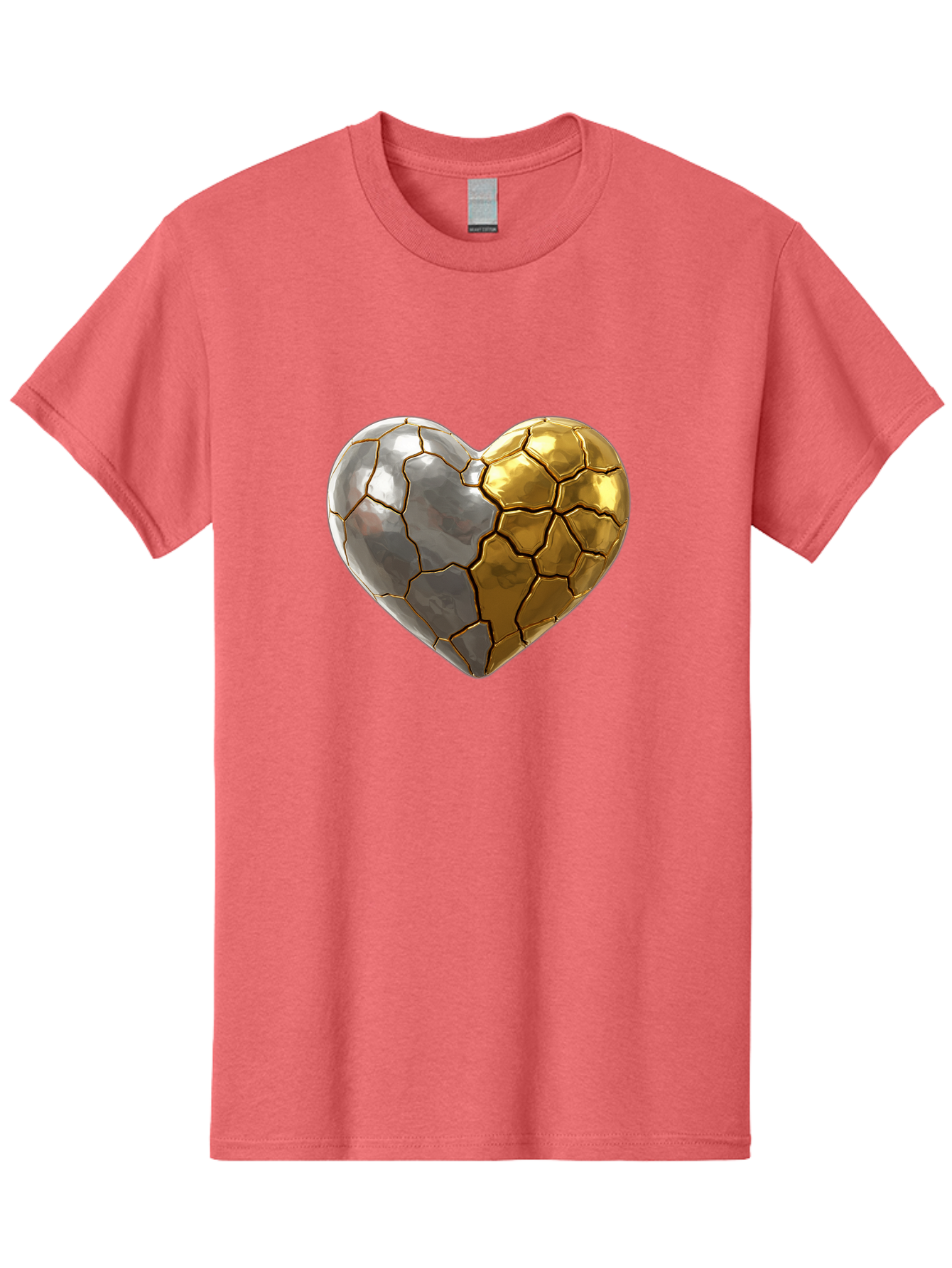 Kintsugi-Heart-5 Men'S Graphic Tee, 100% Cotton, Comfortable Casual Summer Wear, Machine Washable, Heart Shape, Metal Surface, Cracked Texture, Silver And Gold Elements, Kintsugi Effect, Love Symbol, Metallic Design, Broken Heart, Bae060