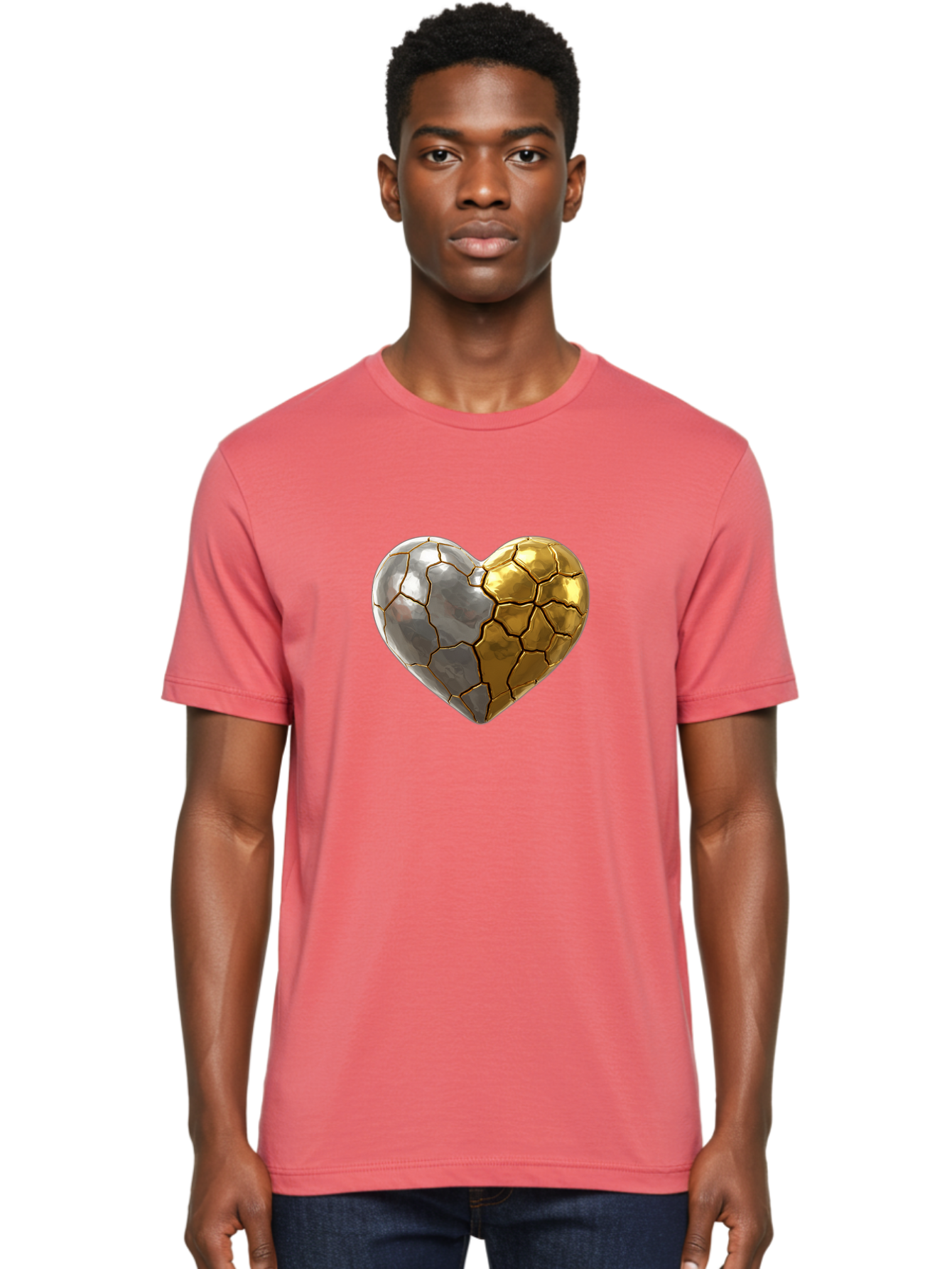 Kintsugi-Heart-5 Men'S Graphic Tee, 100% Cotton, Comfortable Casual Summer Wear, Machine Washable, Heart Shape, Metal Surface, Cracked Texture, Silver And Gold Elements, Kintsugi Effect, Love Symbol, Metallic Design, Broken Heart, Bae060