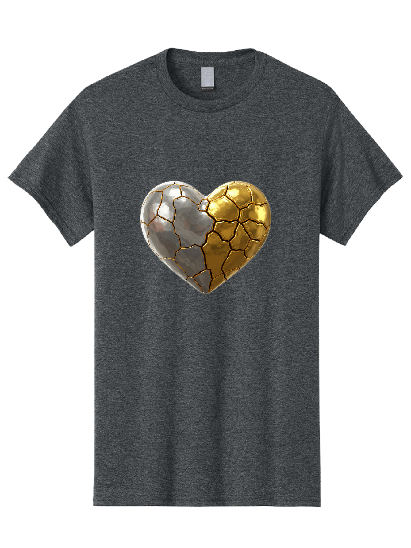 Kintsugi-Heart-5 Men'S Graphic Tee, 100% Cotton, Comfortable Casual Summer Wear, Machine Washable, Heart Shape, Metal Surface, Cracked Texture, Silver And Gold Elements, Kintsugi Effect, Love Symbol, Metallic Design, Broken Heart, Bae060