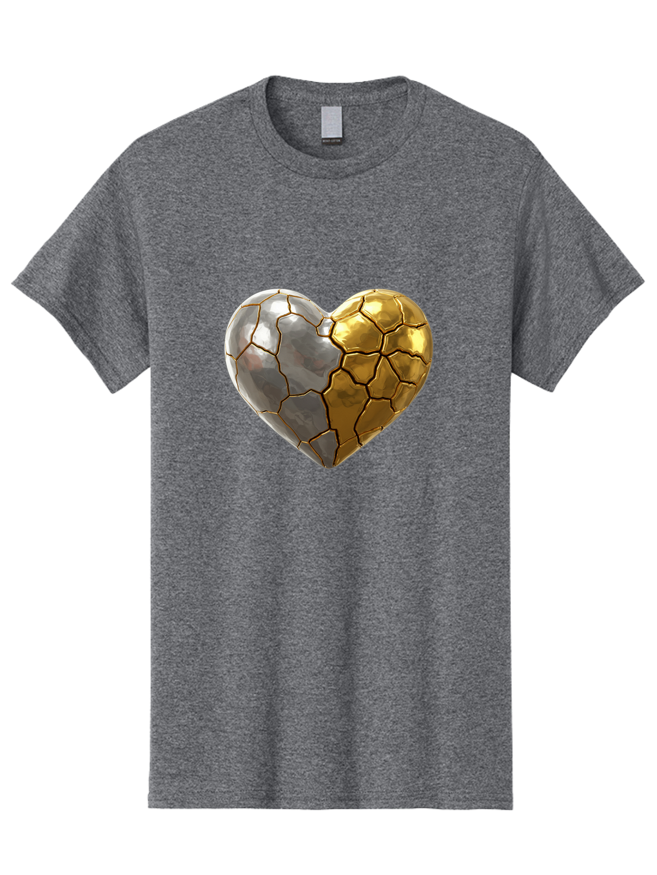 Kintsugi-Heart-5 Men'S Graphic Tee, 100% Cotton, Comfortable Casual Summer Wear, Machine Washable, Heart Shape, Metal Surface, Cracked Texture, Silver And Gold Elements, Kintsugi Effect, Love Symbol, Metallic Design, Broken Heart, Bae060