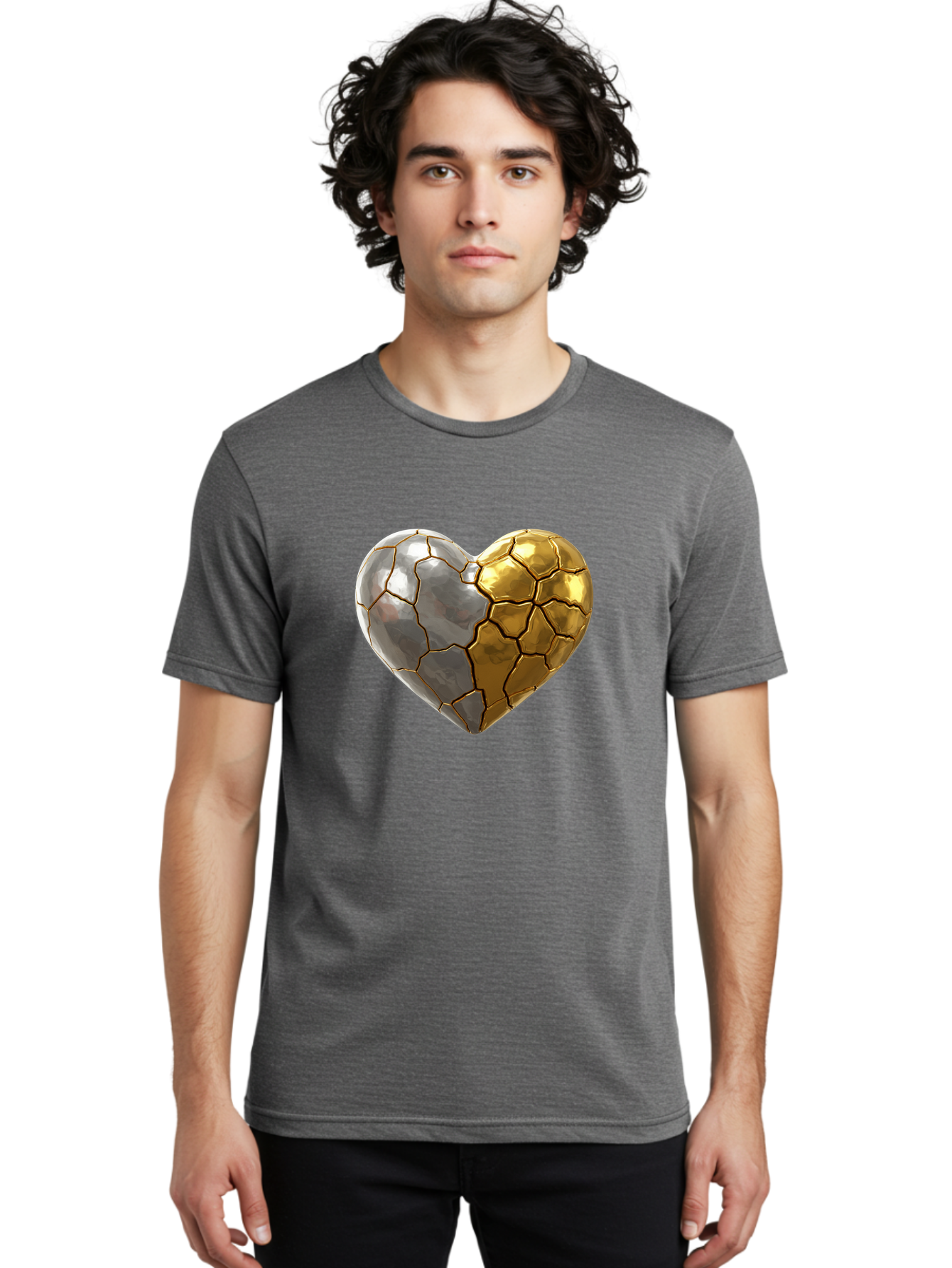 Kintsugi-Heart-5 Men'S Graphic Tee, 100% Cotton, Comfortable Casual Summer Wear, Machine Washable, Heart Shape, Metal Surface, Cracked Texture, Silver And Gold Elements, Kintsugi Effect, Love Symbol, Metallic Design, Broken Heart, Bae060