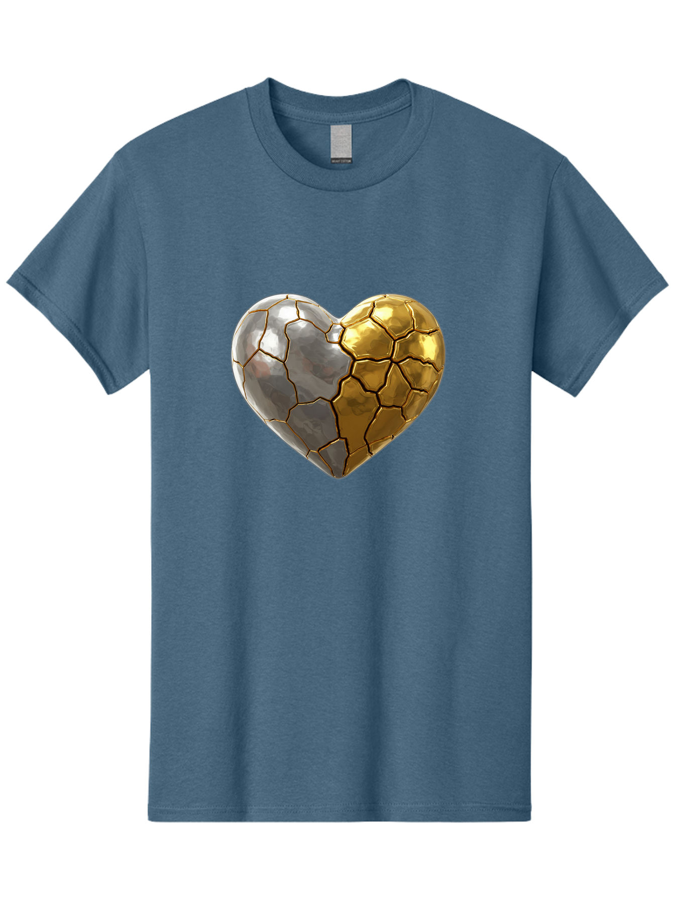 Kintsugi-Heart-5 Men'S Graphic Tee, 100% Cotton, Comfortable Casual Summer Wear, Machine Washable, Heart Shape, Metal Surface, Cracked Texture, Silver And Gold Elements, Kintsugi Effect, Love Symbol, Metallic Design, Broken Heart, Bae060