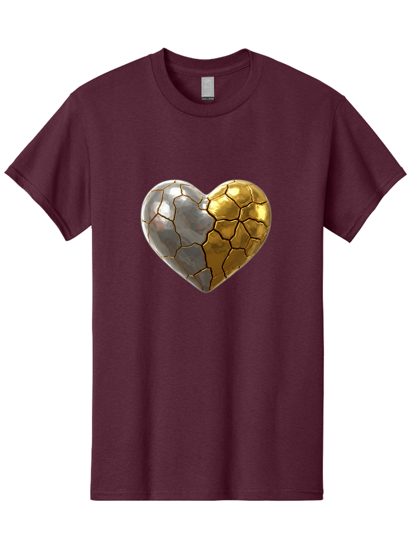 Kintsugi-Heart-5 Men'S Graphic Tee, 100% Cotton, Comfortable Casual Summer Wear, Machine Washable, Heart Shape, Metal Surface, Cracked Texture, Silver And Gold Elements, Kintsugi Effect, Love Symbol, Metallic Design, Broken Heart, Bae060