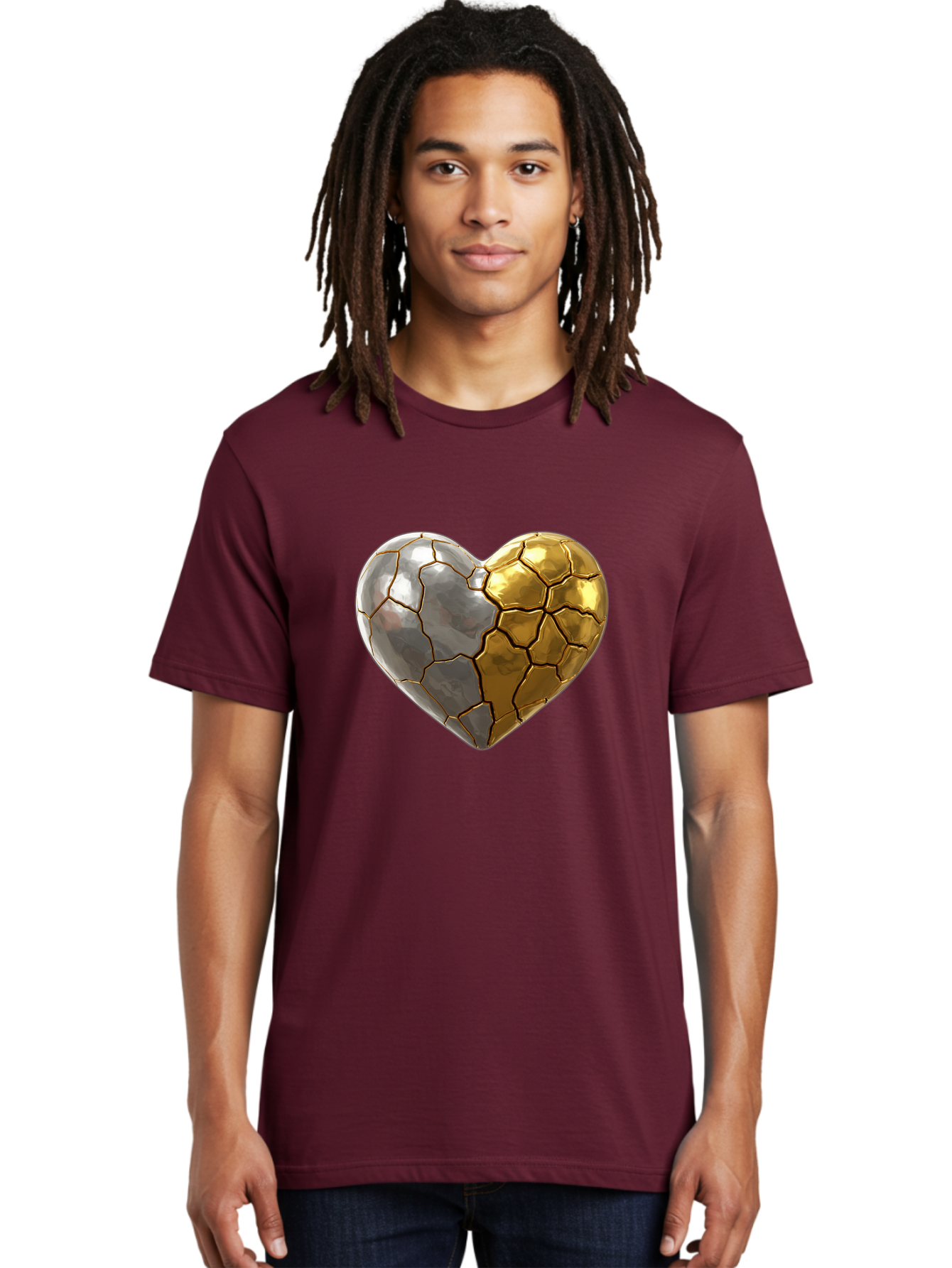 Kintsugi-Heart-5 Men'S Graphic Tee, 100% Cotton, Comfortable Casual Summer Wear, Machine Washable, Heart Shape, Metal Surface, Cracked Texture, Silver And Gold Elements, Kintsugi Effect, Love Symbol, Metallic Design, Broken Heart, Bae060