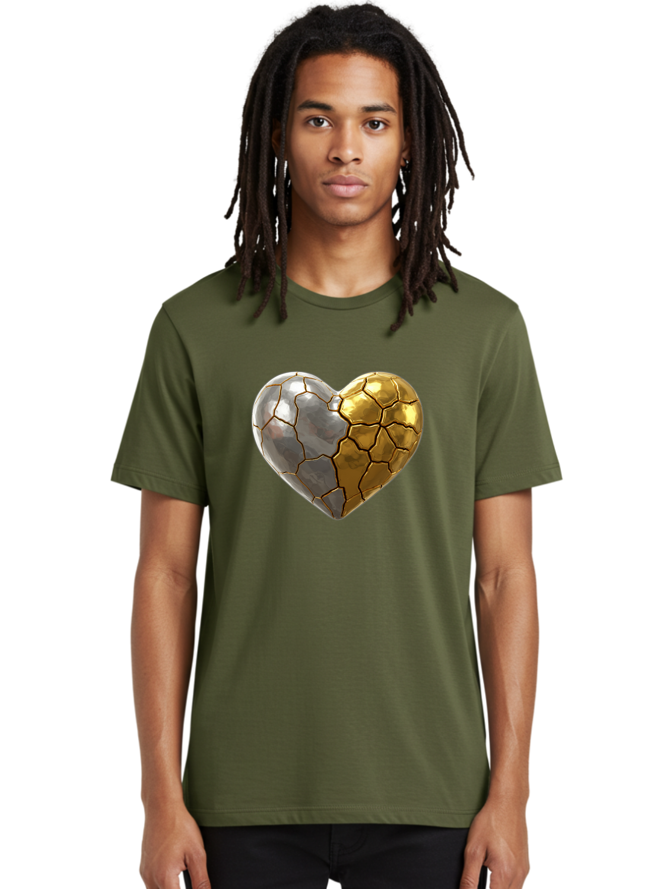 Kintsugi-Heart-5 Men'S Graphic Tee, 100% Cotton, Comfortable Casual Summer Wear, Machine Washable, Heart Shape, Metal Surface, Cracked Texture, Silver And Gold Elements, Kintsugi Effect, Love Symbol, Metallic Design, Broken Heart, Bae060