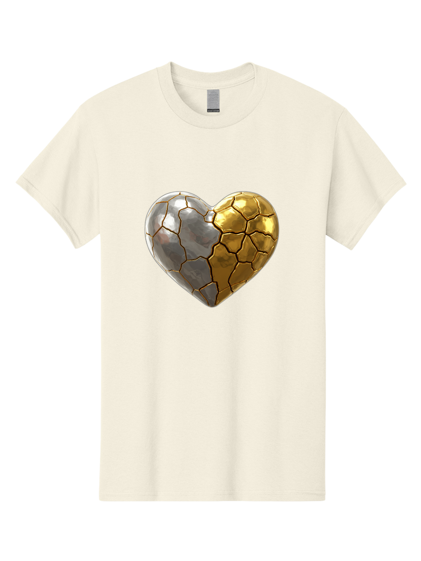 Kintsugi-Heart-5 Men'S Graphic Tee, 100% Cotton, Comfortable Casual Summer Wear, Machine Washable, Heart Shape, Metal Surface, Cracked Texture, Silver And Gold Elements, Kintsugi Effect, Love Symbol, Metallic Design, Broken Heart, Bae060