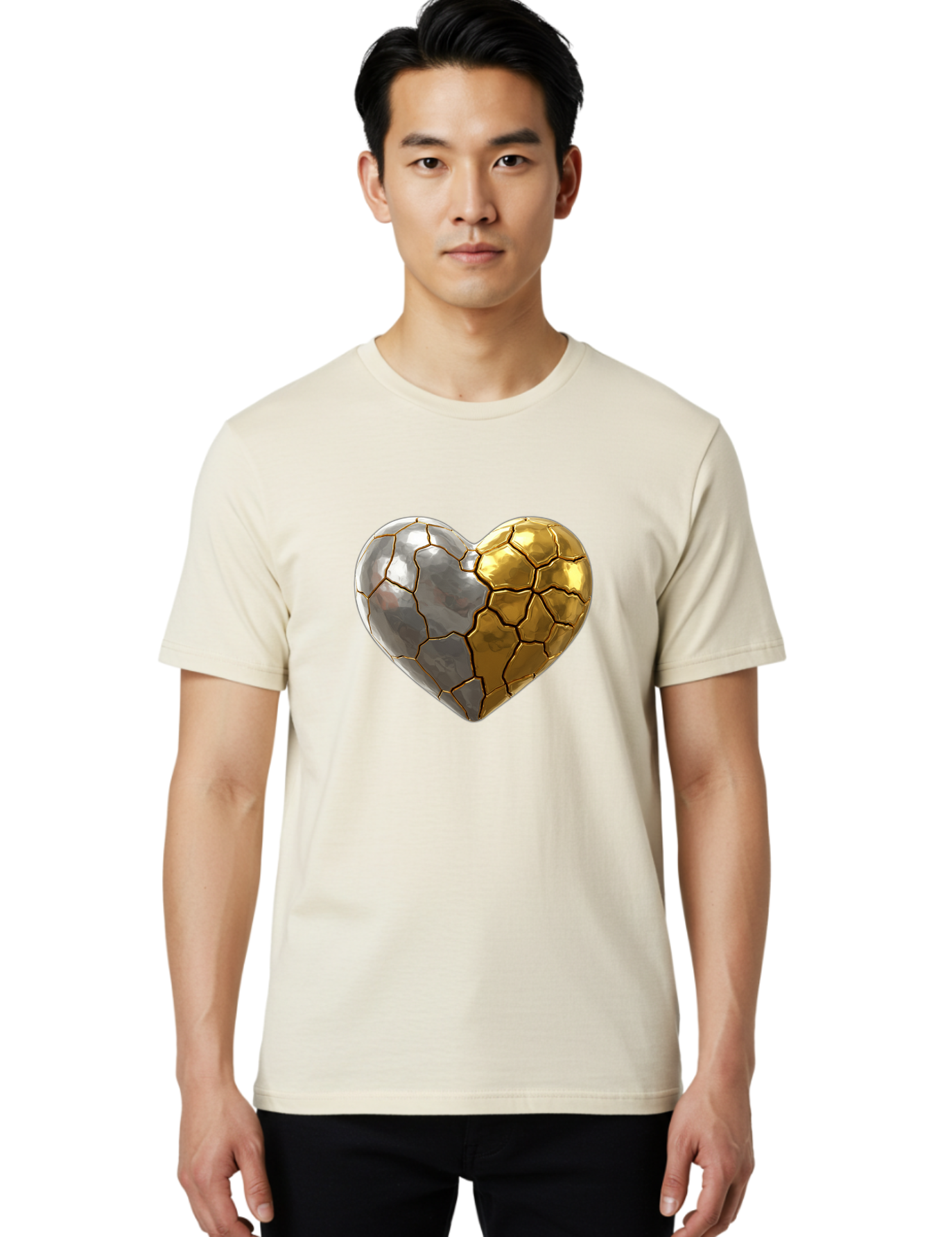 Kintsugi-Heart-5 Men'S Graphic Tee, 100% Cotton, Comfortable Casual Summer Wear, Machine Washable, Heart Shape, Metal Surface, Cracked Texture, Silver And Gold Elements, Kintsugi Effect, Love Symbol, Metallic Design, Broken Heart, Bae060
