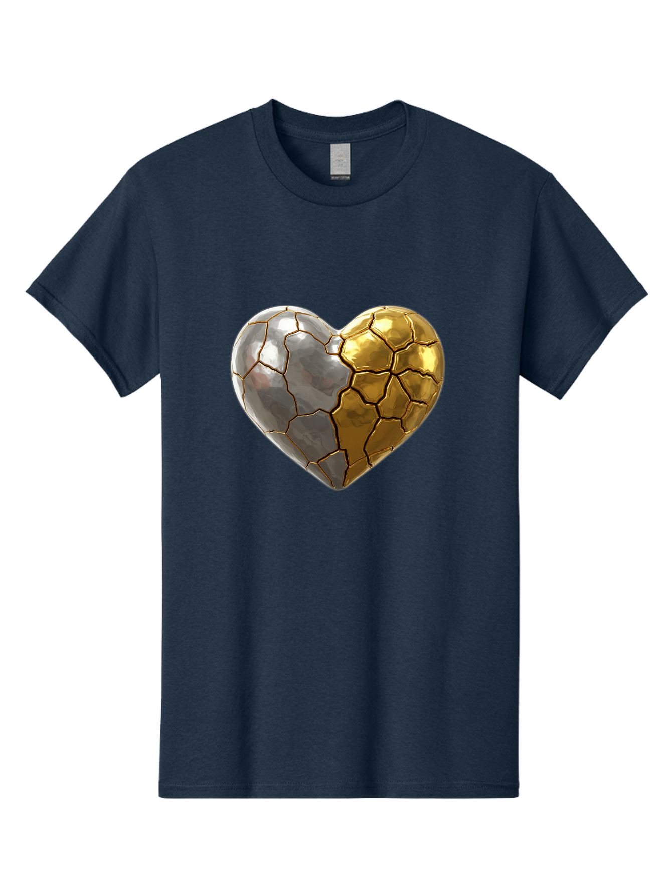 Kintsugi-Heart-5 Men'S Graphic Tee, 100% Cotton, Comfortable Casual Summer Wear, Machine Washable, Heart Shape, Metal Surface, Cracked Texture, Silver And Gold Elements, Kintsugi Effect, Love Symbol, Metallic Design, Broken Heart, Bae060