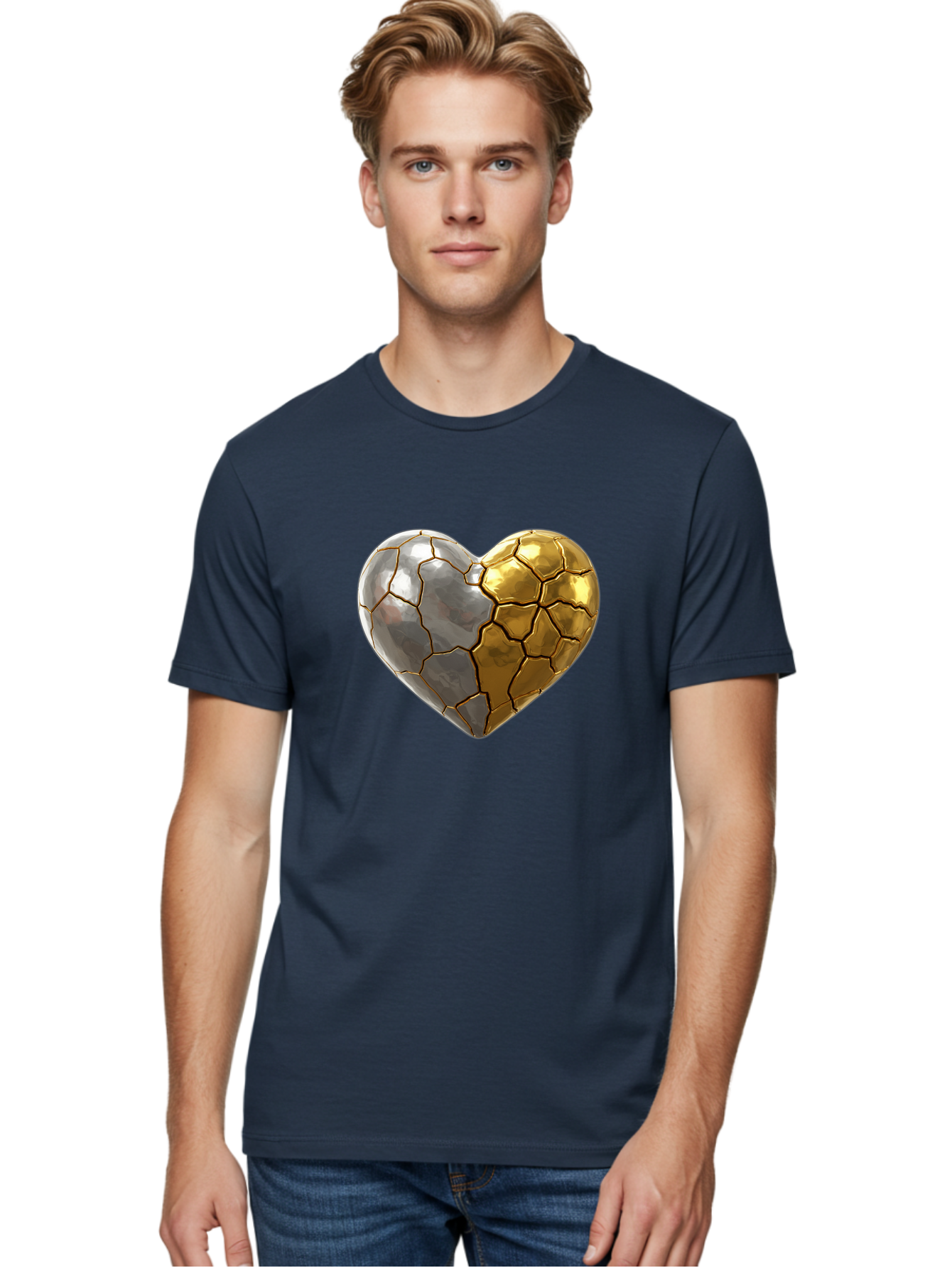 Kintsugi-Heart-5 Men'S Graphic Tee, 100% Cotton, Comfortable Casual Summer Wear, Machine Washable, Heart Shape, Metal Surface, Cracked Texture, Silver And Gold Elements, Kintsugi Effect, Love Symbol, Metallic Design, Broken Heart, Bae060