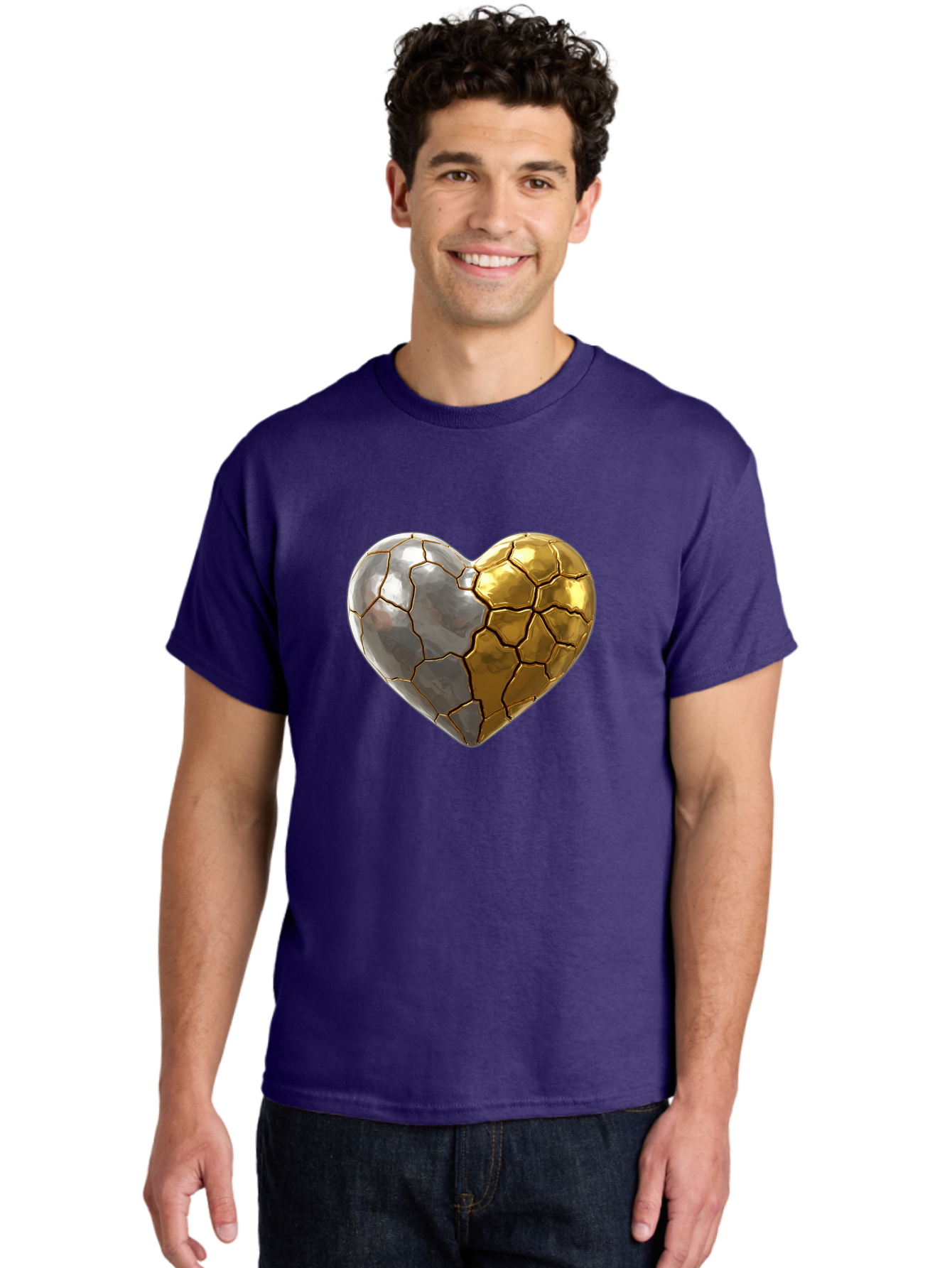 Kintsugi-Heart-5 Men'S Graphic Tee, 100% Cotton, Comfortable Casual Summer Wear, Machine Washable, Heart Shape, Metal Surface, Cracked Texture, Silver And Gold Elements, Kintsugi Effect, Love Symbol, Metallic Design, Broken Heart, Bae060
