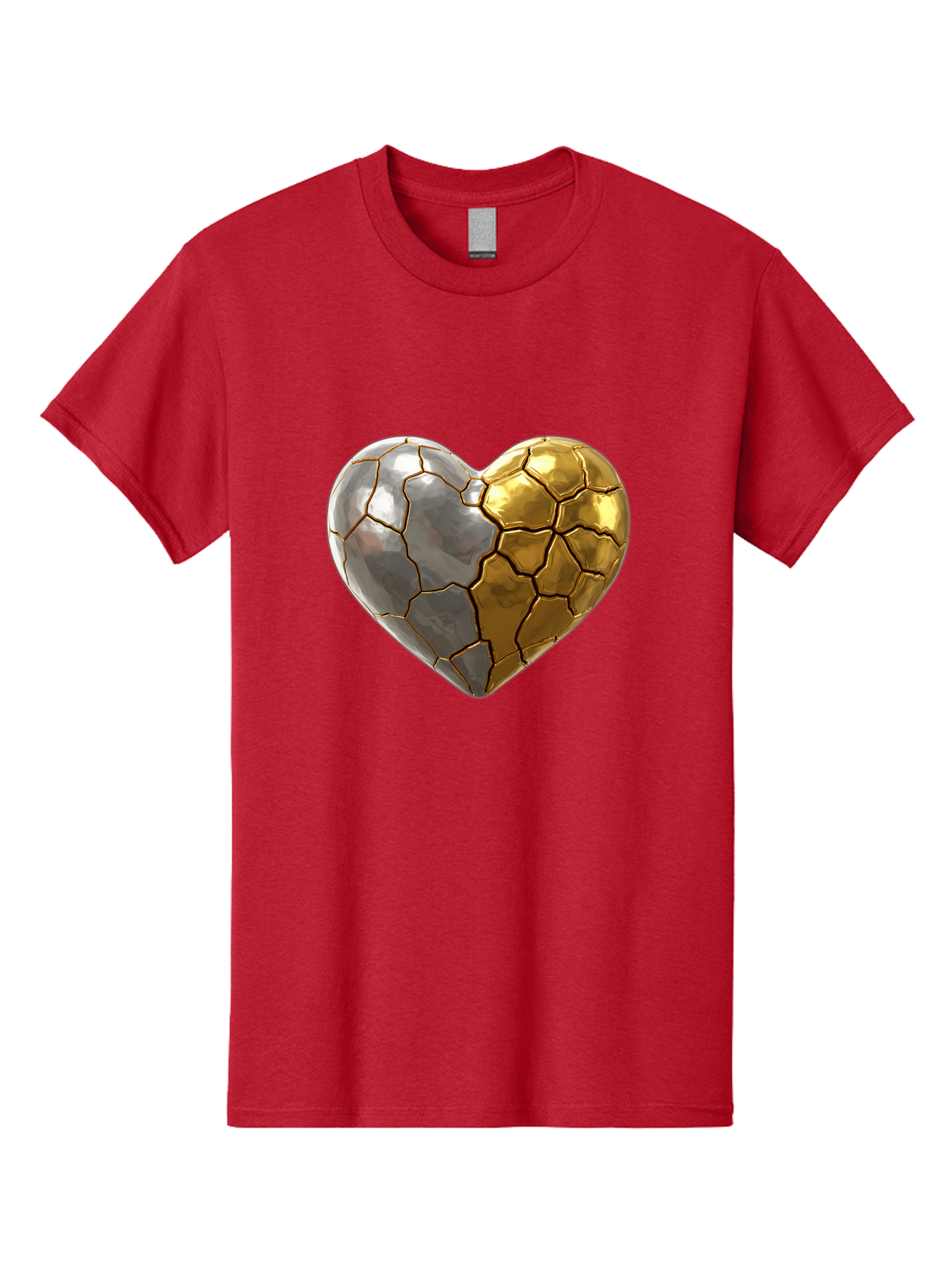 Kintsugi-Heart-5 Men'S Graphic Tee, 100% Cotton, Comfortable Casual Summer Wear, Machine Washable, Heart Shape, Metal Surface, Cracked Texture, Silver And Gold Elements, Kintsugi Effect, Love Symbol, Metallic Design, Broken Heart, Bae060