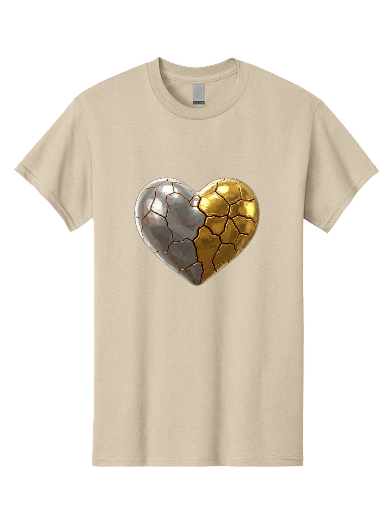 Kintsugi-Heart-5 Men'S Graphic Tee, 100% Cotton, Comfortable Casual Summer Wear, Machine Washable, Heart Shape, Metal Surface, Cracked Texture, Silver And Gold Elements, Kintsugi Effect, Love Symbol, Metallic Design, Broken Heart, Bae060