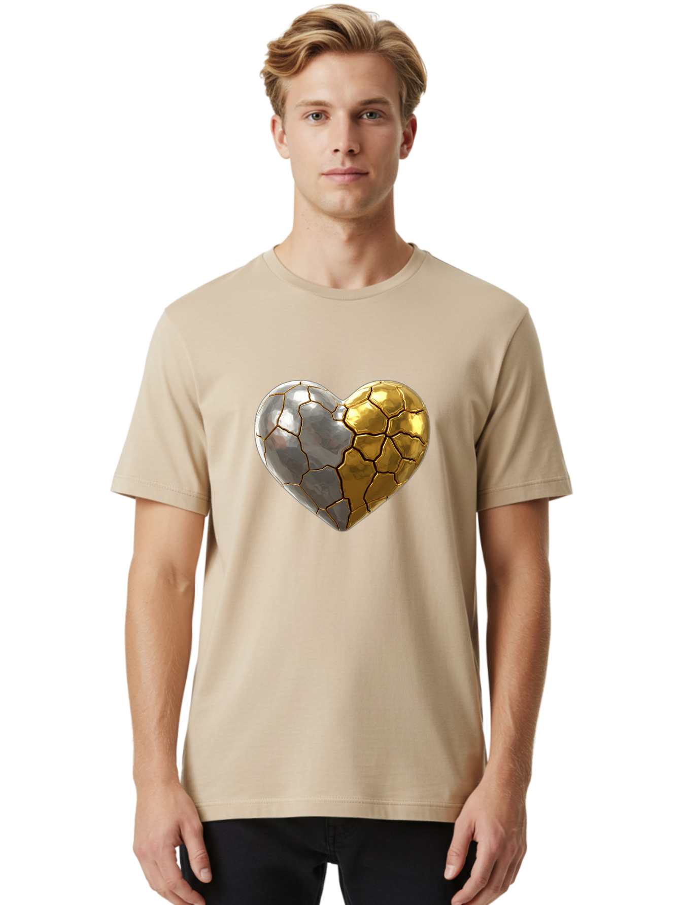 Kintsugi-Heart-5 Men'S Graphic Tee, 100% Cotton, Comfortable Casual Summer Wear, Machine Washable, Heart Shape, Metal Surface, Cracked Texture, Silver And Gold Elements, Kintsugi Effect, Love Symbol, Metallic Design, Broken Heart, Bae060