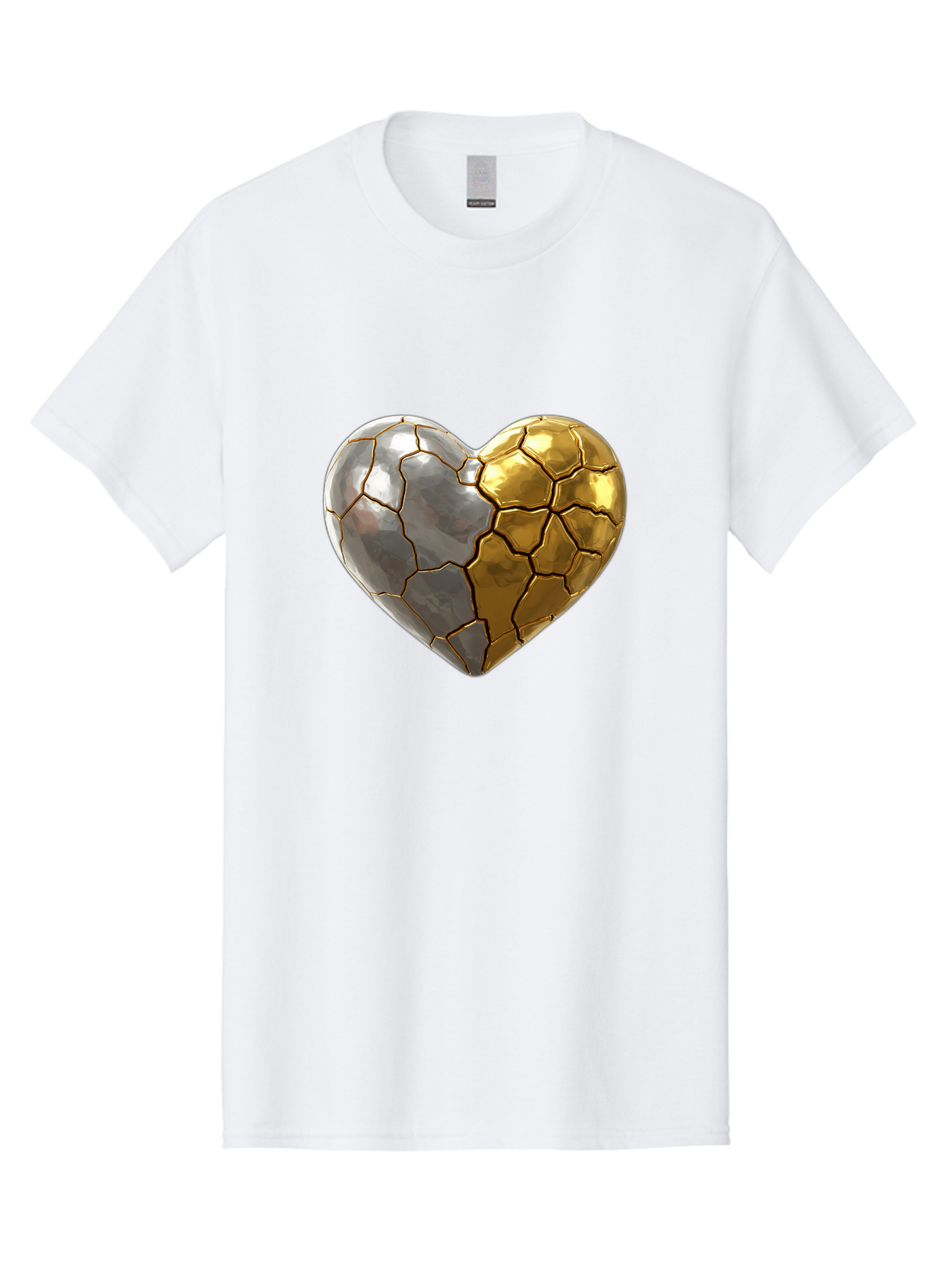Kintsugi-Heart-5 Men'S Graphic Tee, 100% Cotton, Comfortable Casual Summer Wear, Machine Washable, Heart Shape, Metal Surface, Cracked Texture, Silver And Gold Elements, Kintsugi Effect, Love Symbol, Metallic Design, Broken Heart, Bae060