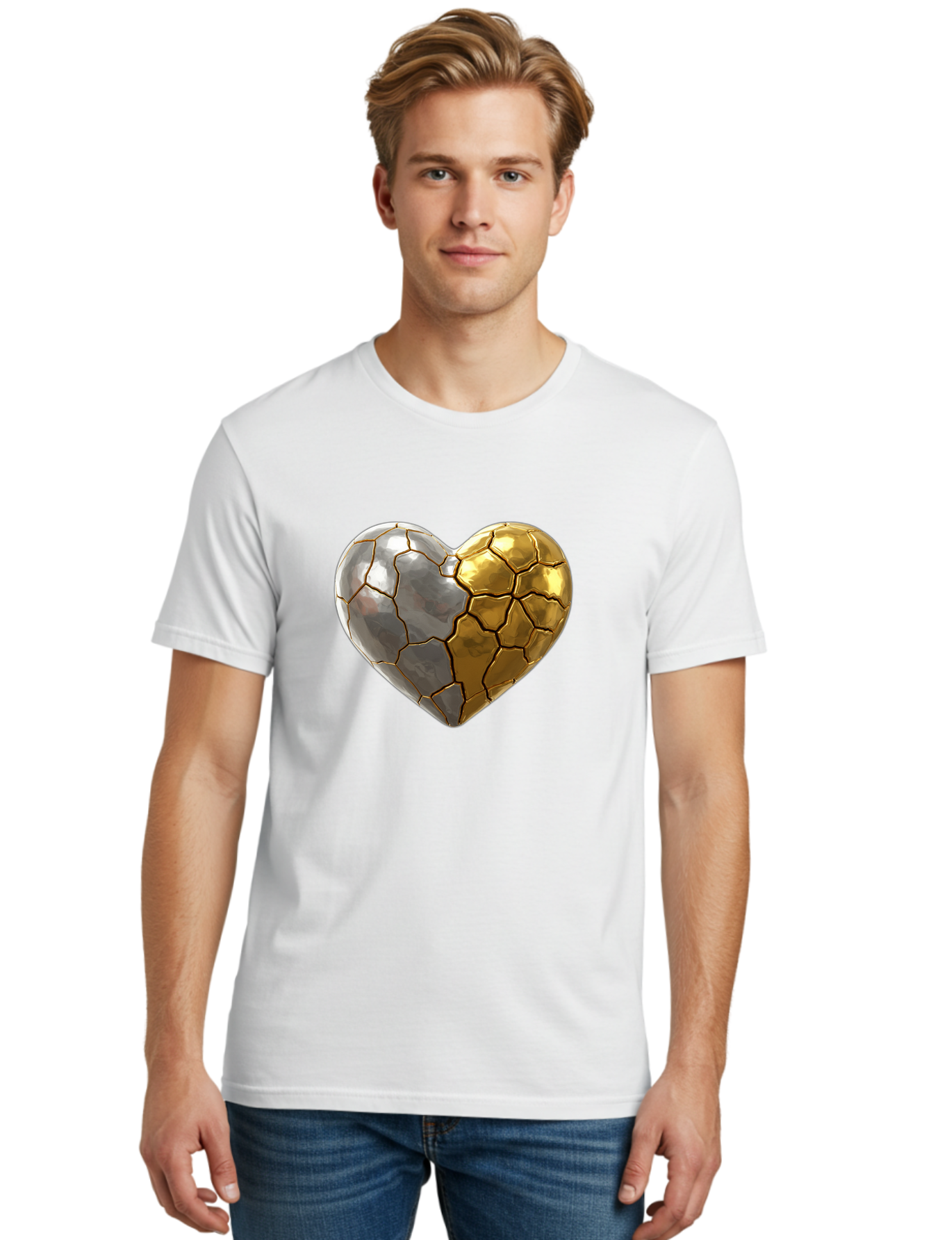 Kintsugi-Heart-5 Men'S Graphic Tee, 100% Cotton, Comfortable Casual Summer Wear, Machine Washable, Heart Shape, Metal Surface, Cracked Texture, Silver And Gold Elements, Kintsugi Effect, Love Symbol, Metallic Design, Broken Heart, Bae060