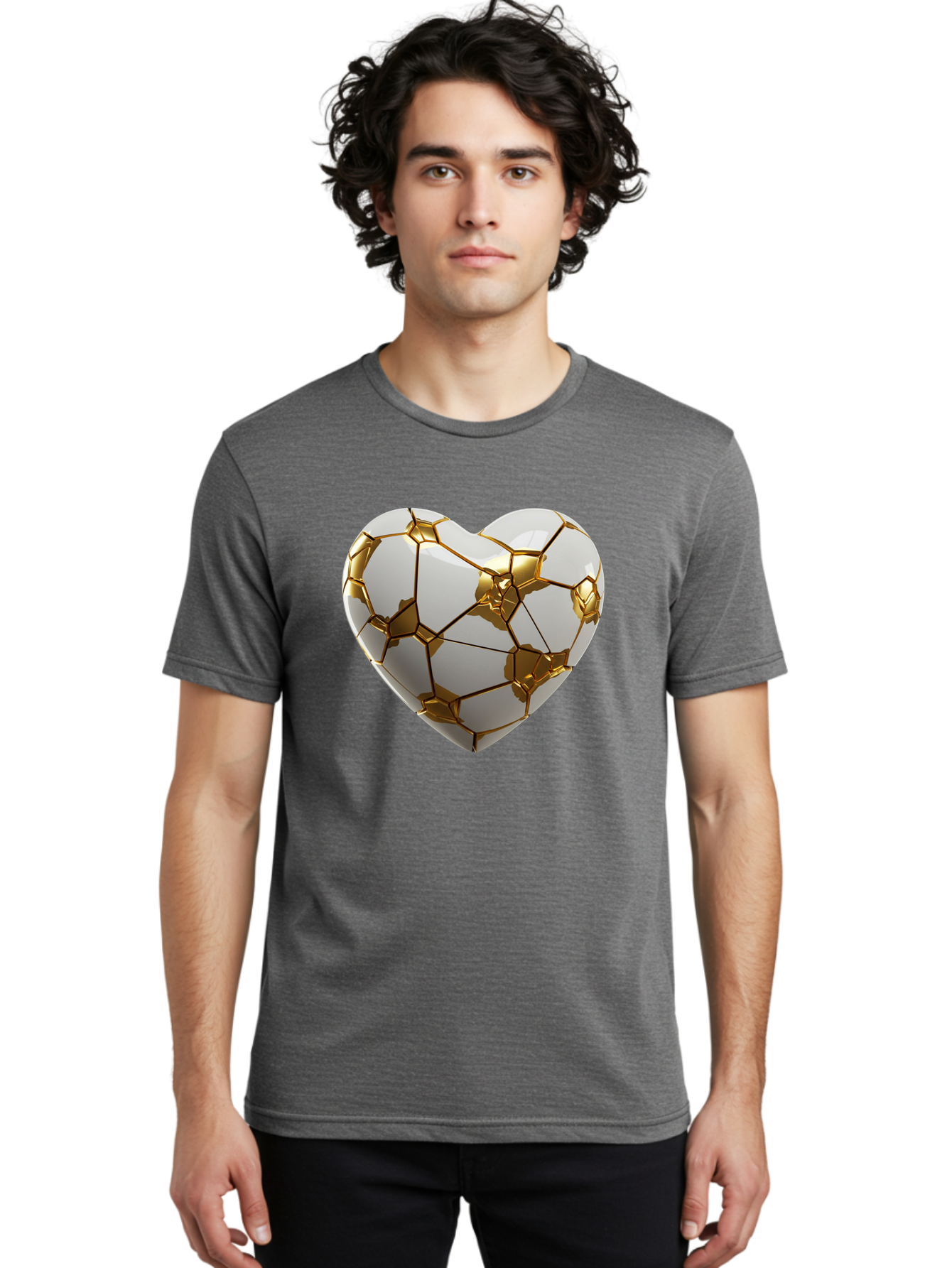 Kintsugi-Heart-6 Men'S Graphic Tee, 100% Cotton, Comfortable Casual Summer Wear, Machine Washable, Kintsugi Heart, Broken Heart, Golden Repair, Pottery Art, Fragile Beauty, Broken And Mended, Wabi-Sabi, Repair Art Bae061
