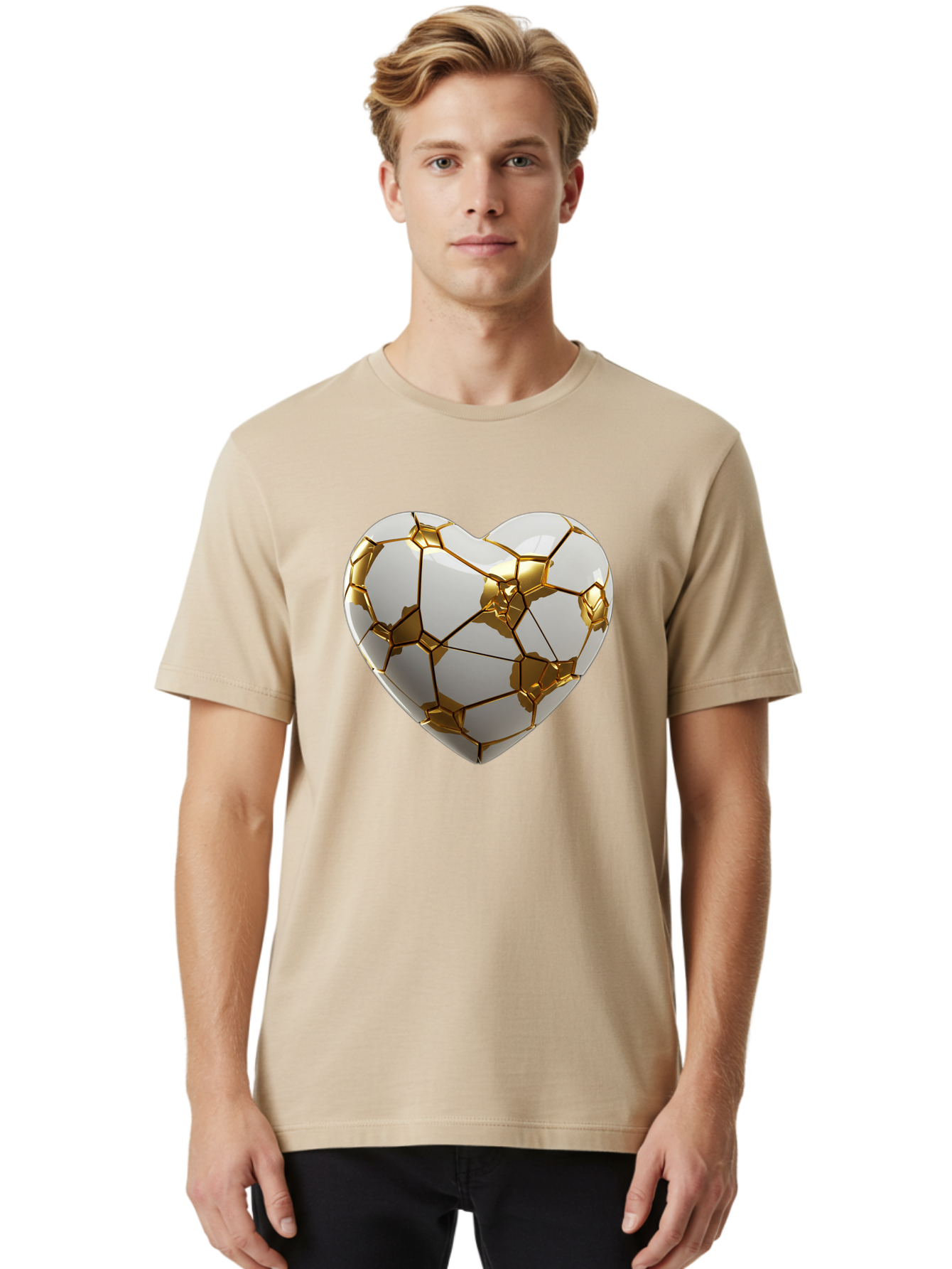 Kintsugi-Heart-6 Men'S Graphic Tee, 100% Cotton, Comfortable Casual Summer Wear, Machine Washable, Kintsugi Heart, Broken Heart, Golden Repair, Pottery Art, Fragile Beauty, Broken And Mended, Wabi-Sabi, Repair Art Bae061