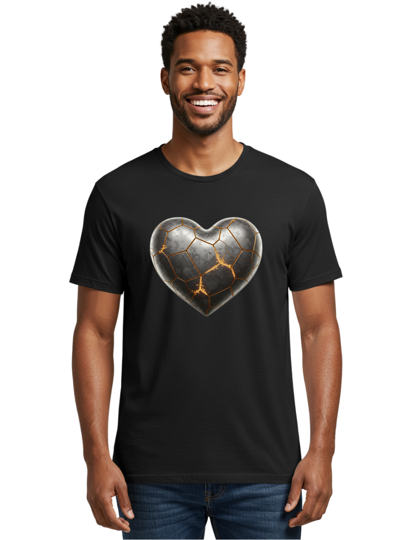 Kintsugi-Heart-7 Men'S Graphic Tee, 100% Cotton, Comfortable Casual Summer Wear, Machine Washable, Heart Shape, Kintsugi Repair, Gold Cracks, Broken Heart, Metal Texture, Abstract Art, Unique Design, Symbolic Representation, Emotional Healing Bae062