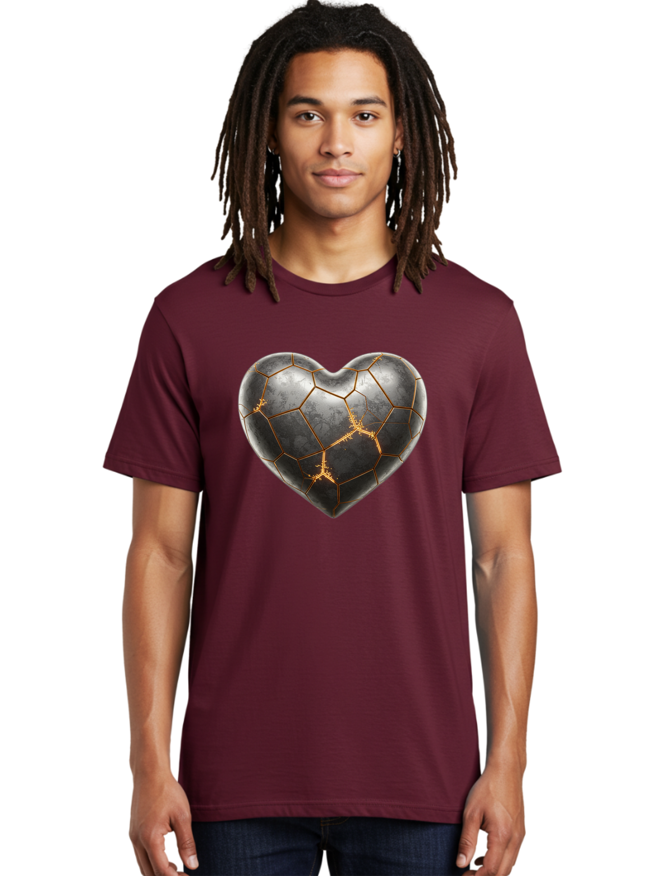 Kintsugi-Heart-7 Men'S Graphic Tee, 100% Cotton, Comfortable Casual Summer Wear, Machine Washable, Heart Shape, Kintsugi Repair, Gold Cracks, Broken Heart, Metal Texture, Abstract Art, Unique Design, Symbolic Representation, Emotional Healing Bae062