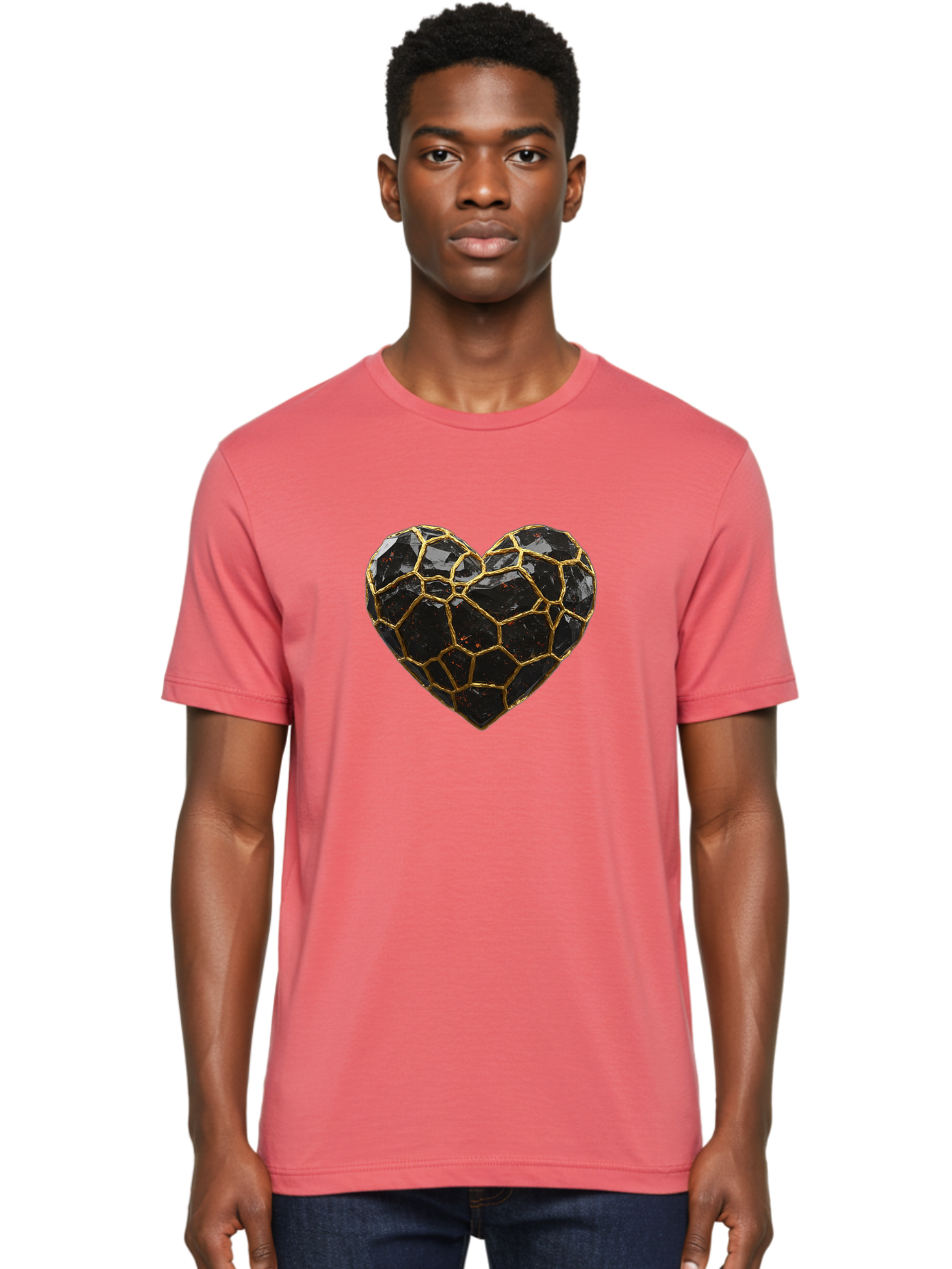 Kintsugi-Heart-8 Men'S Graphic Tee, 100% Cotton, Comfortable Casual Summer Wear, Machine Washable, Kintsugi Art, Broken Heart, Gold Repair, Cracked Gemstone, Luxury Jewelry, Unique Decoration, Symbolic Heart, Repaired Heart, Precious Stone, Bae063