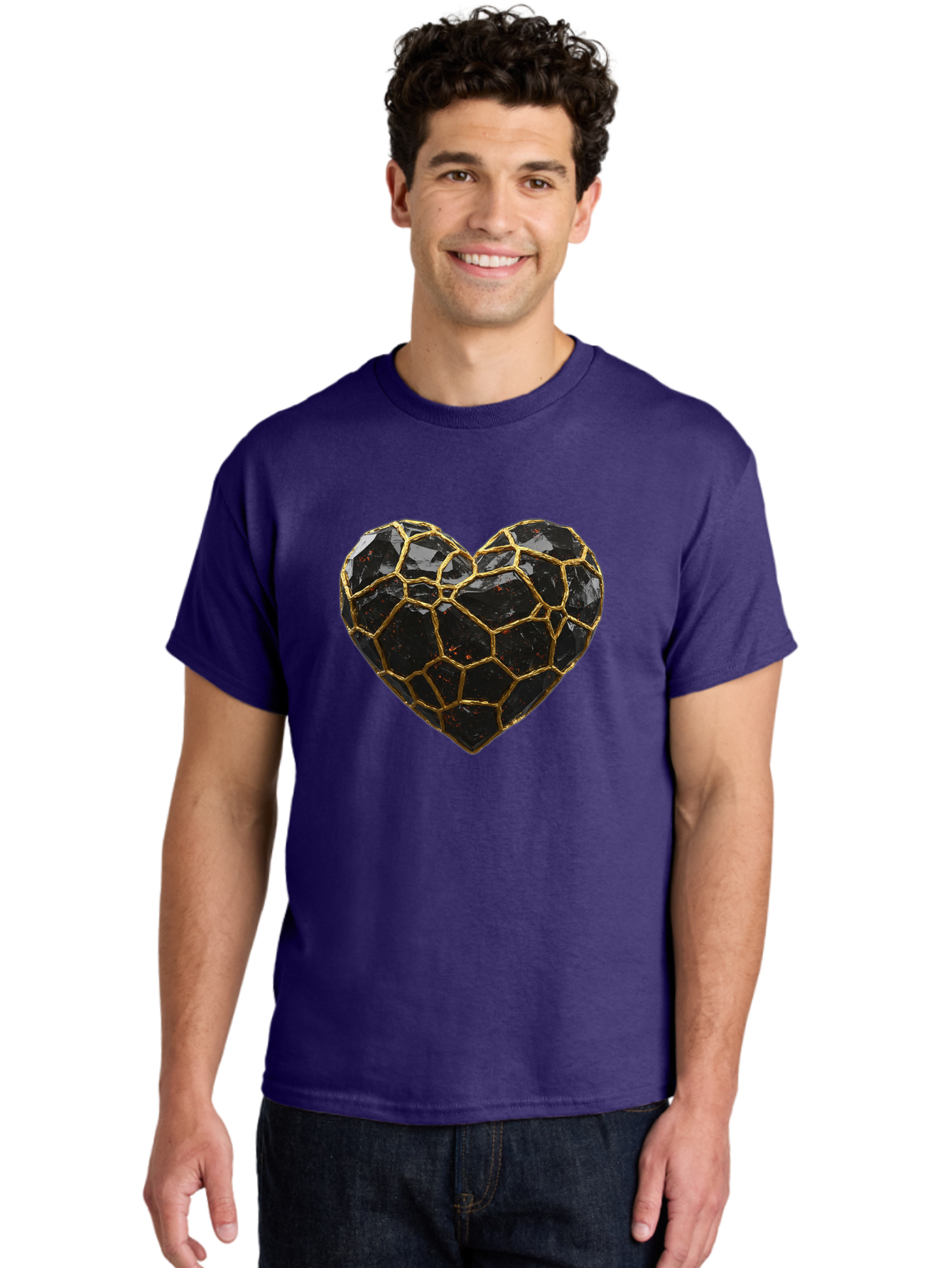 Kintsugi-Heart-8 Men'S Graphic Tee, 100% Cotton, Comfortable Casual Summer Wear, Machine Washable, Kintsugi Art, Broken Heart, Gold Repair, Cracked Gemstone, Luxury Jewelry, Unique Decoration, Symbolic Heart, Repaired Heart, Precious Stone, Bae063