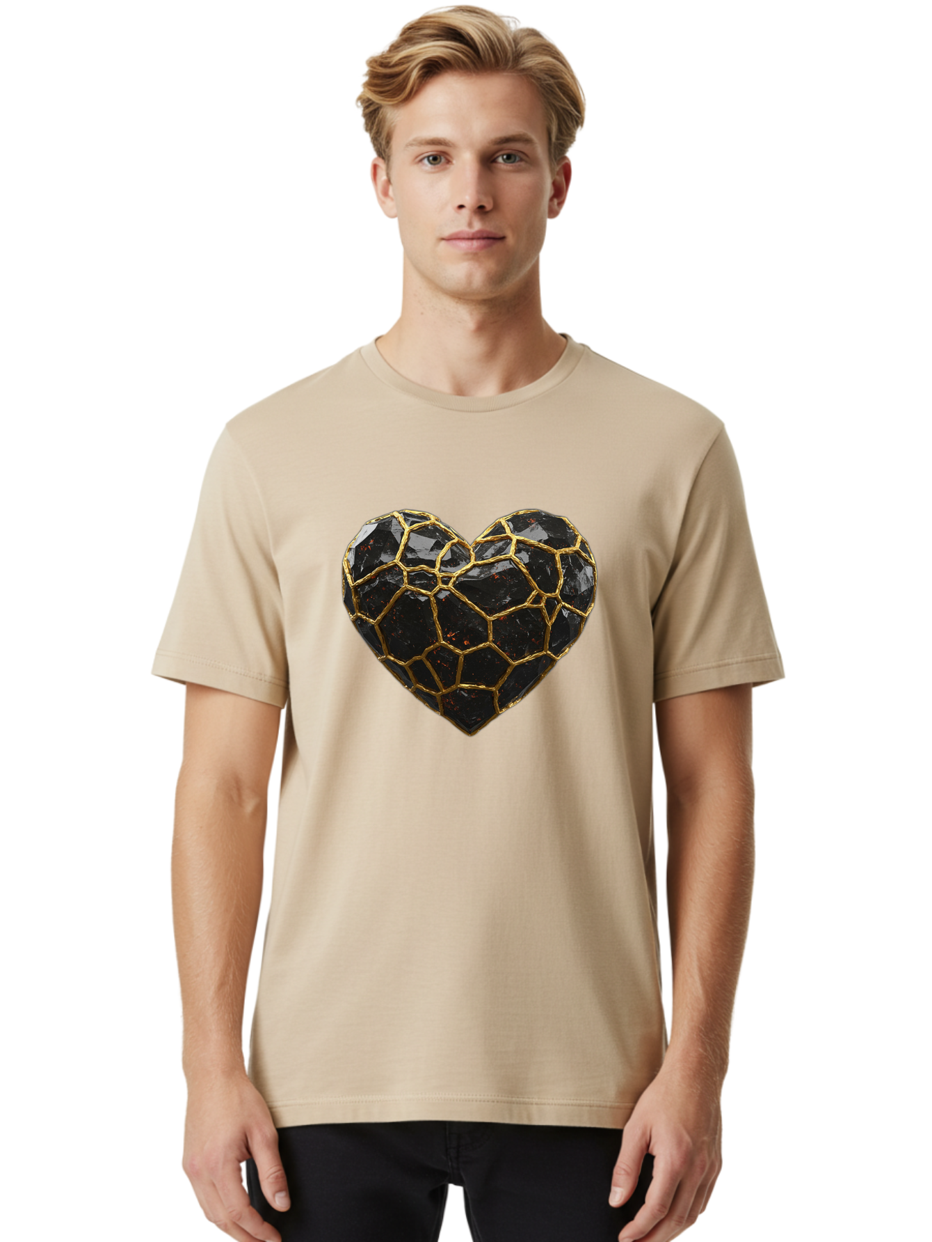 Kintsugi-Heart-8 Men'S Graphic Tee, 100% Cotton, Comfortable Casual Summer Wear, Machine Washable, Kintsugi Art, Broken Heart, Gold Repair, Cracked Gemstone, Luxury Jewelry, Unique Decoration, Symbolic Heart, Repaired Heart, Precious Stone, Bae063