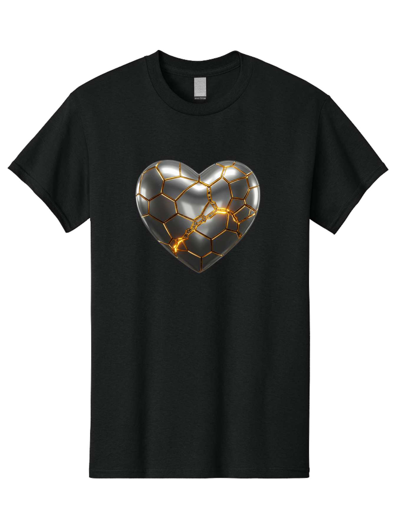 Kintsugi-Heart Men'S Graphic Tee, 100% Cotton, Comfortable Casual Summer Wear, Machine Washable, Kintsugi, Broken Heart, Repaired With Gold, Metal Heart, Shiny, Reflective, 3D Illustration, Unique Art, Creative Design, Heart Shape, Bae064