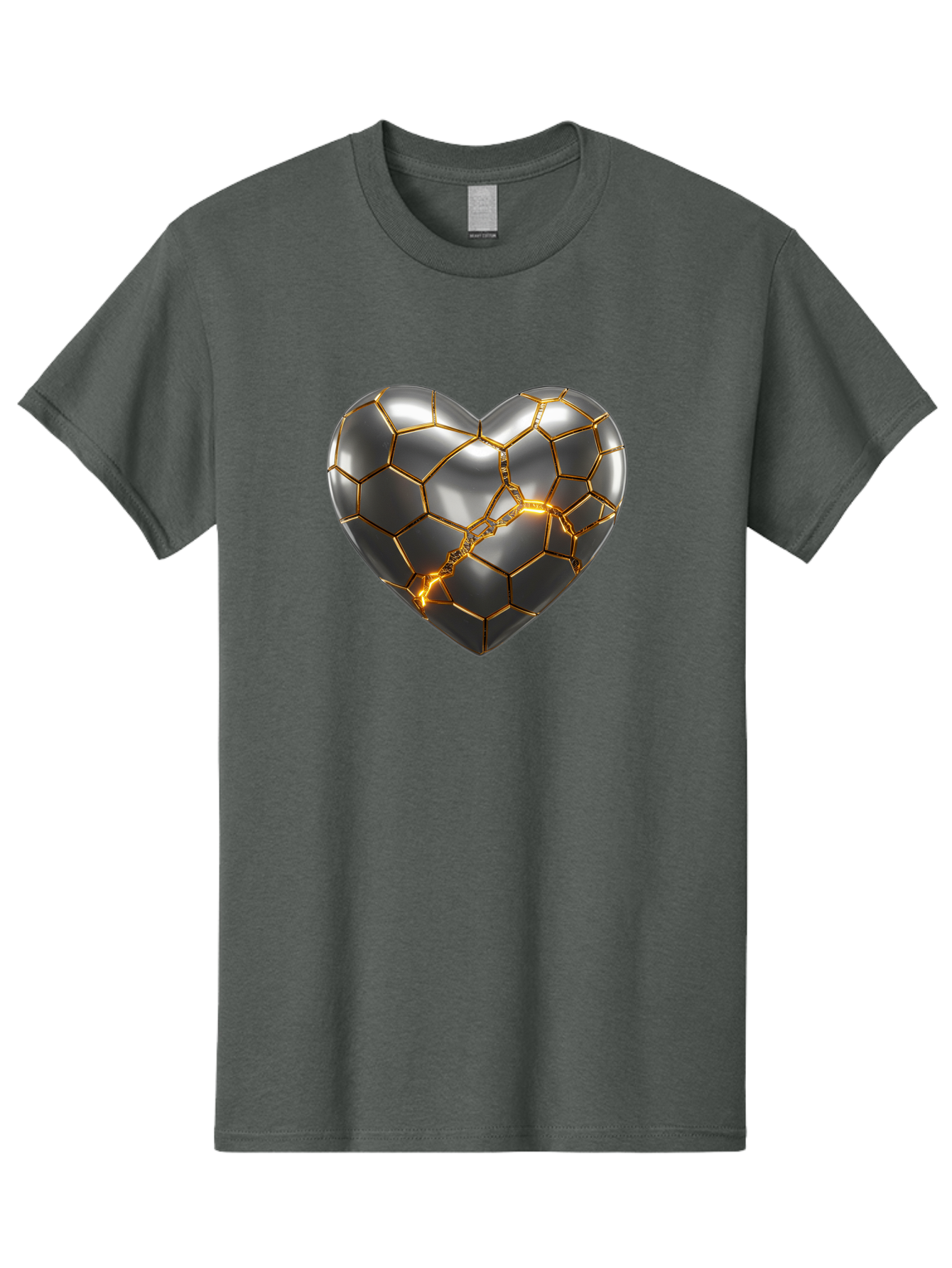 Kintsugi-Heart Men'S Graphic Tee, 100% Cotton, Comfortable Casual Summer Wear, Machine Washable, Kintsugi, Broken Heart, Repaired With Gold, Metal Heart, Shiny, Reflective, 3D Illustration, Unique Art, Creative Design, Heart Shape, Bae064